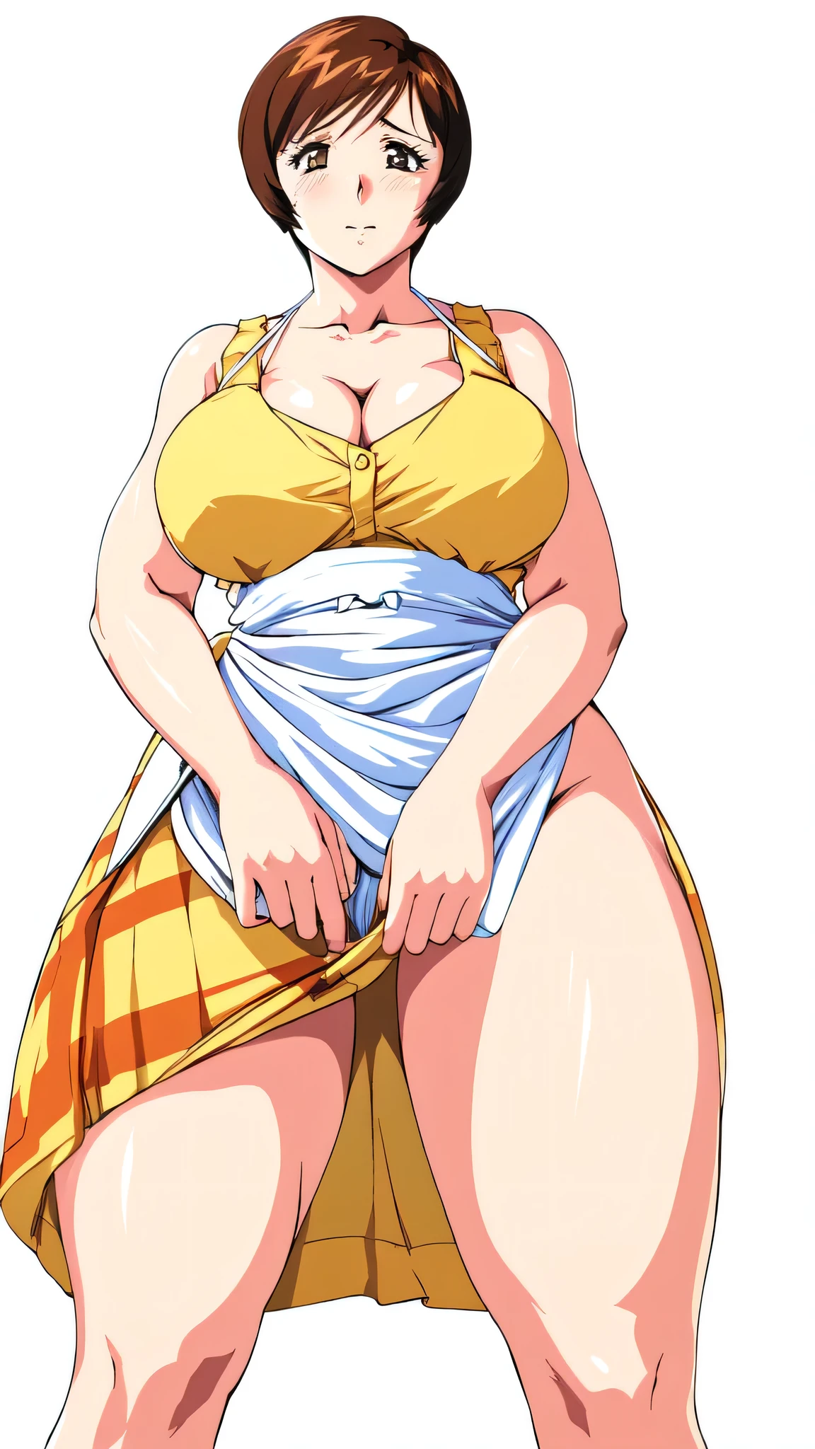 masterpiece, highest quality, High resolution, One Girl, alone, alone, short hair, etsukoto, fine grain, fine grain, (((Thick thighs, Plump thighs, Voluptuous thighs, Thighs are enough))), Big and ample breasts, Cleavage, Huge long breasts, Naughty big,((Big breasts are important))、((Naughty thighs)), L Cup, (thin:1.4),(Tight waist:1.4), (Perfect beautiful yellow dress:1.4), ((white waist apron)), Embarrassed look, White panties, (((Simple Background))), ((Wide Hips)), Shiny, Oily skin, Mature mother, Calf, Seductive mature woman, Perfect body, Plus Size Model, etsukoto, blush, clavicle, retro artstyle, 1990s (style), (((slip legs, bare legs, showing legs))), full body, from below, spread legs,