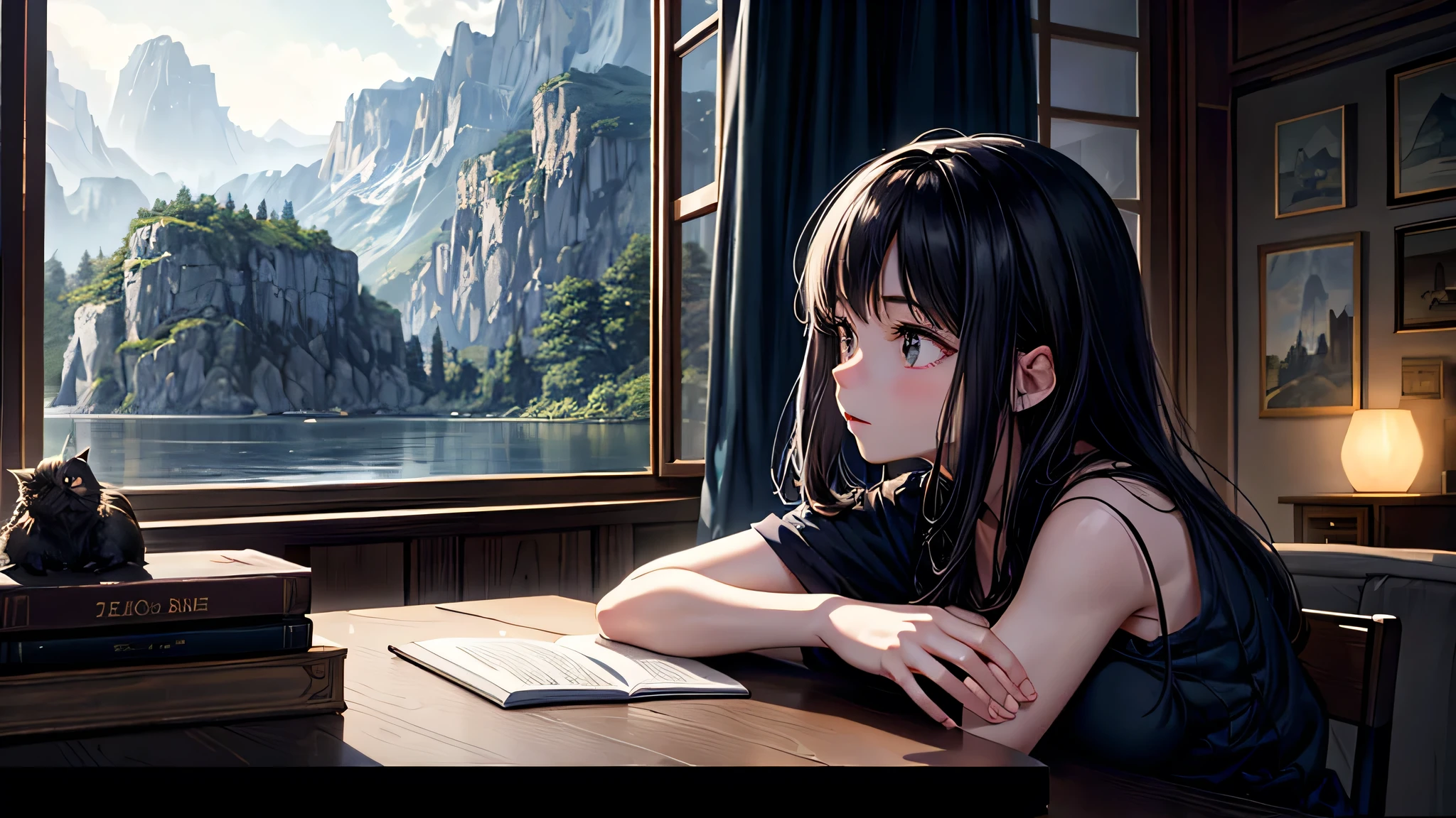 alone, Singular light, woman, midnight, face seen from the side, sideways, cosmic, fantsy, looking away:1.4, adult, busty, Ghibli-like design, living room, sitting, dark hair, studying, Completely, landscape orientation, side view,