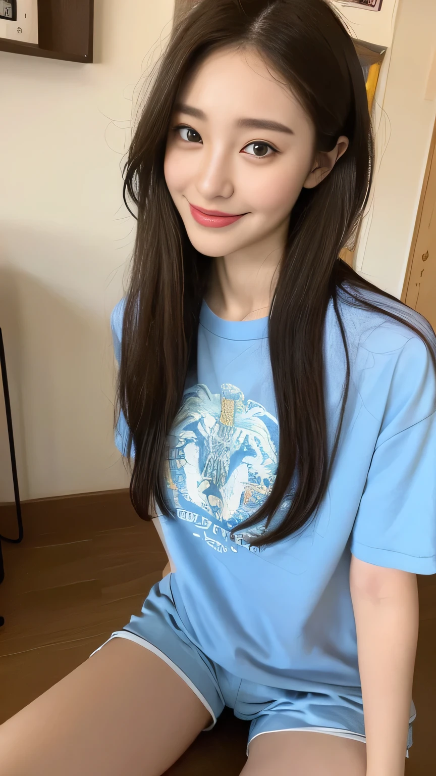 seed:3758664720.Full body angle、((highest quality, 8K, masterpiece:1.3)), concentrated:1.2, Perfect body beauty:1.4, Hips:1.2, ((Delicate Hair)), (Colorful T-shirts、Shorts、pajamas、 :1.1) , ((highest quality、8K、masterpiece:1.3))、1 Girl、A sloppy smile、Esbian all over、Slim face、Big 、Beautiful woman、(Dark Brown Hair)、Long Hair、1.1、Flickering Valley、Detailed eyes、double eyelid、Blurred Background、超Slim face、Smile、Looking down、