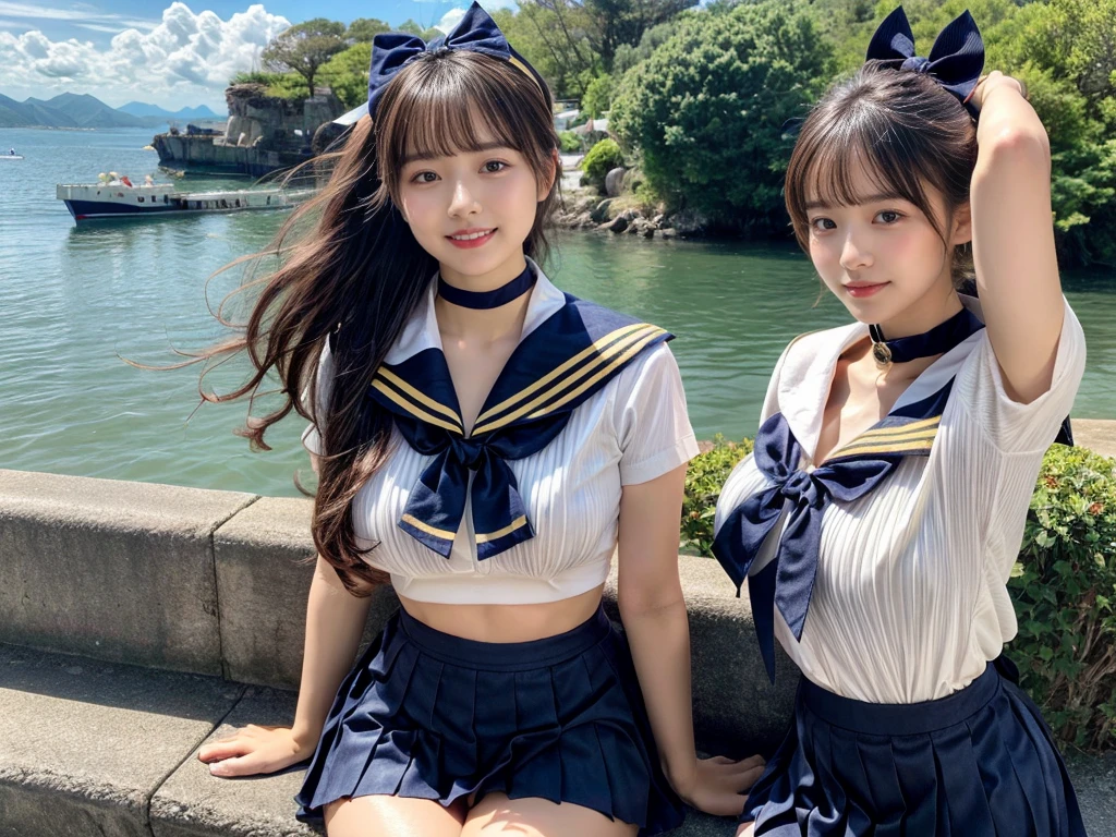 2 girls on bench in school bus,short-sleeved white sailor leotard with blue frills,red bow tie,18-year-old,bangs,a little smile,large bare thighs,knees,spreading legs apart,short hair with low pigtails,from below,front light