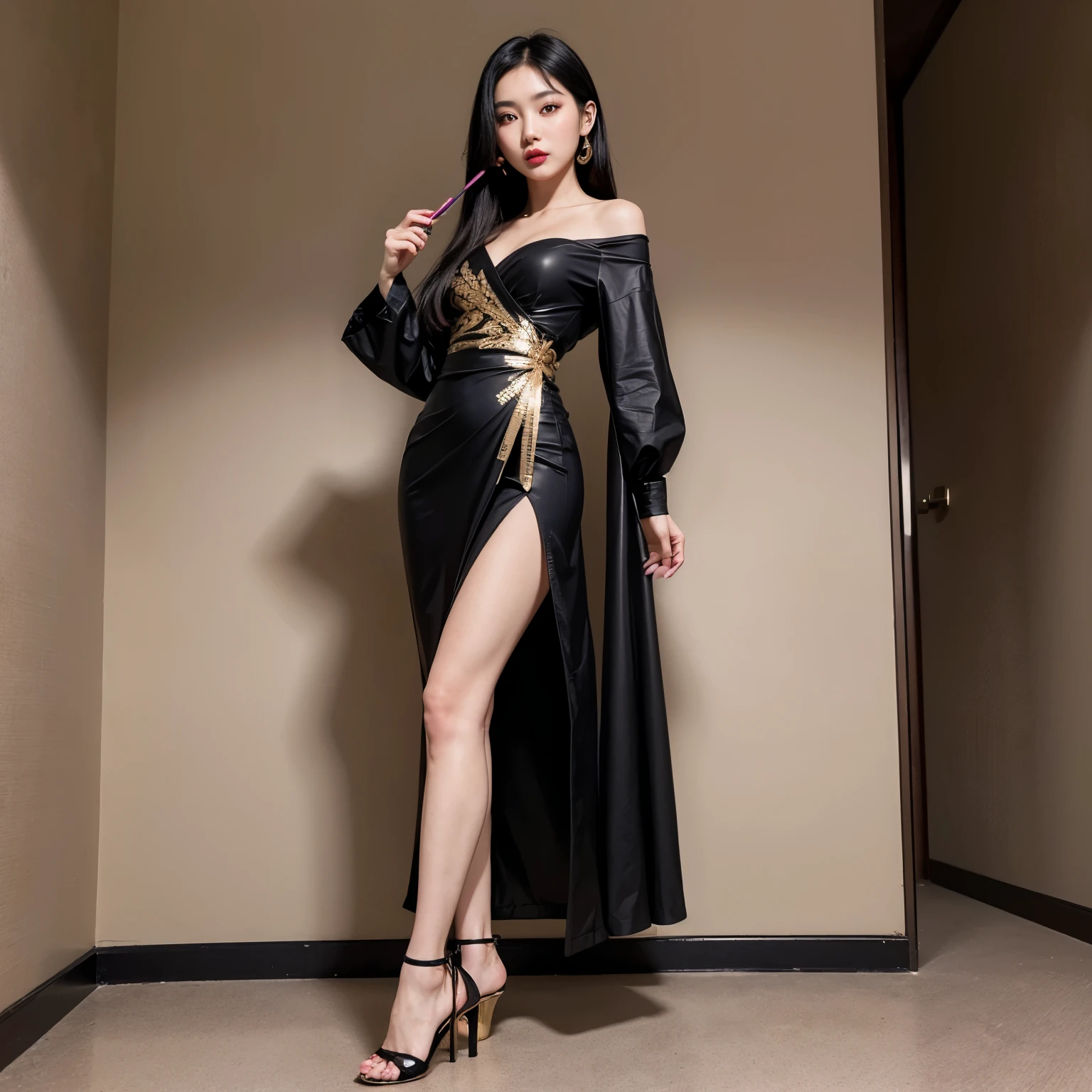 asian girl, (beautiful head, long black hair, black eyes, small mouth, (makeup, pink cheek, lipstick)), (slender body, medium breasts) perfect body 8k, in a black dress with gold patterns. black heels