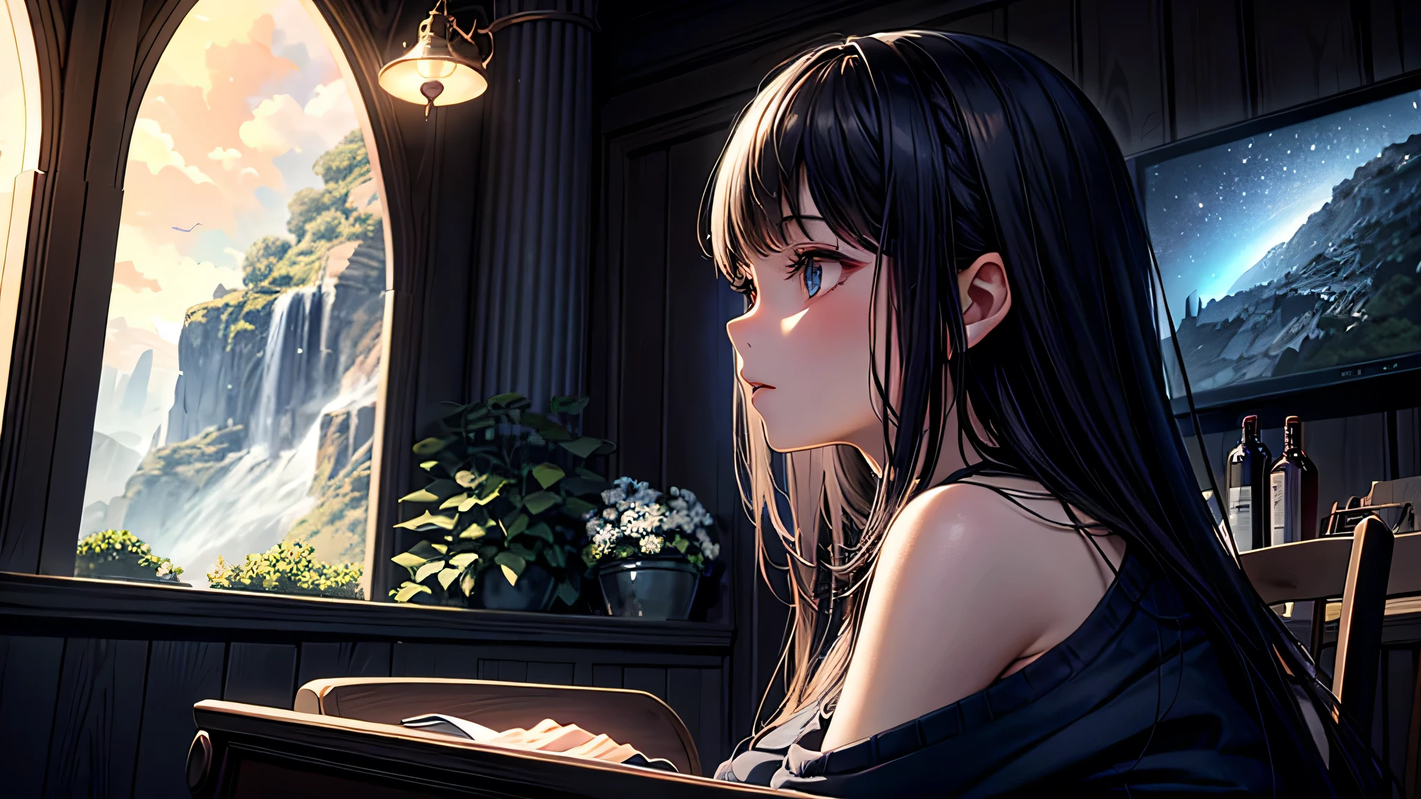 alone, Singular light, woman, midnight, face seen from the side, sideways, cosmic, fantsy, looking away:1.4, adult, busty, Ghibli-like design, living room, sitting, dark hair, studying, Completely, landscape orientation, side view,