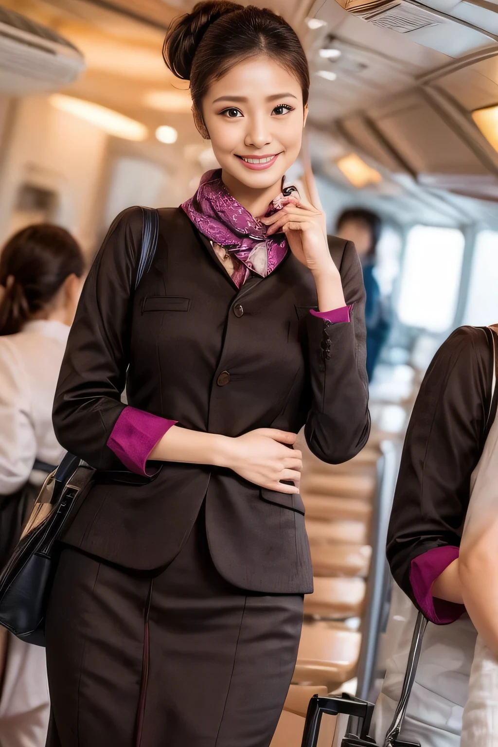 (masterpiece:1.2、highest quality:1.2)、32K HDR、High resolution、(alone、1 girl、Slim figure)、（A realistic reproduction of the ETIHAD Airways Cabincrew Uniform）、 (On board, Professional Lighting)、Background on board、A proper woman, Beautiful Face,、（Long sleeve ETIHAD Airways Cabincrew Uniform）、（ETIHAD Airways Cabincrew Uniform skirt with purple stripe on the front）、（scarf on chest）、Big Breasts、（Long Hair Up、Hair Bun）、Dark brown hair、Long Shot、（（Great hands：2.0））、（（Harmonious body proportions：1.5））、（（Normal limbs：2.0））、（（Normal finger：2.0））、（（Delicate eyes：2.0））、（（Normal eyes：2.0））)、Beautiful standing posture、smile、Place your hands around your stomach
