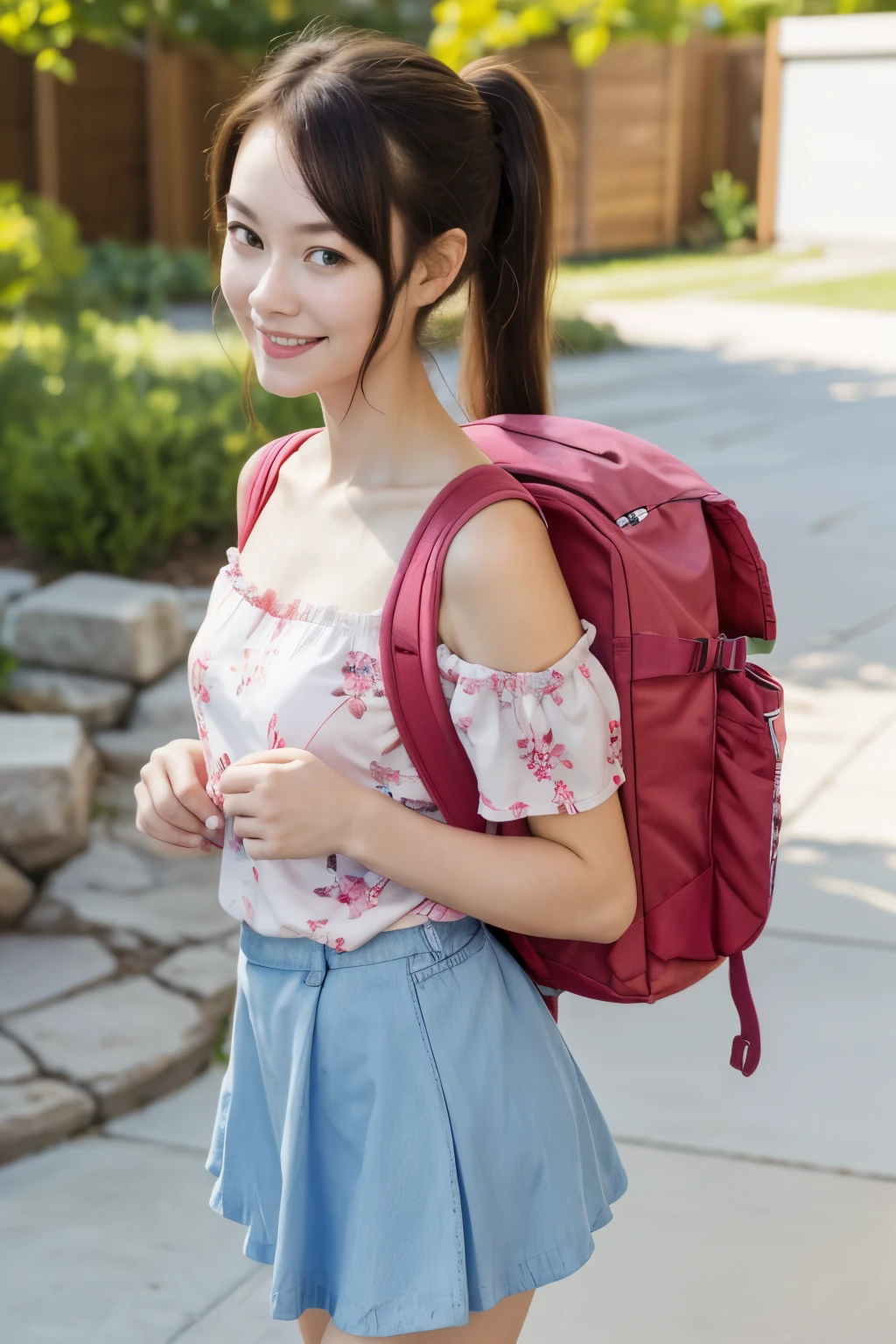 masterpiece, best quality, highres, realistic, 1girl, high girl, 17 y.olong hair, one side up, solo, ponytail,brown hair, bare shoulders, pink shirt, floral print, short sleeves, off-shoulder shirt, frills, blue skirt, cowboy shot, smile,standing, holding red backpack, (backpack:1.1), travel backpack, drinking bottle on backpack 