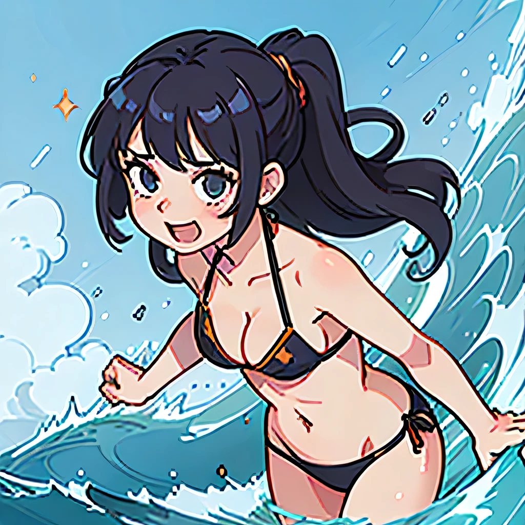 TOP quality,8K, masterpiece, insanely detailed,(illustration, manga, anime:1.2), (1girl:1.2),20yo, (laugh:1.0),(bikini, cleavage:1.3),(sea),(surfing)