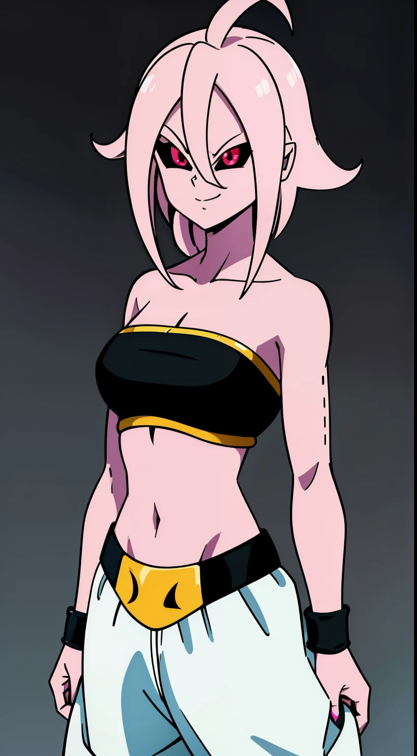 (high-quality, breathtaking),(expressive eyes, perfect face) Symmetrical Eyes, portrait, dragon ball z xenoverse 2, 1girl, female, alien, Majin Race, FMajin, Female Majin Buu, (pink skin:1.1), bubblegum pink skin color, red colored skin, smiling,(black sclera:1.2), red eyes, tentacle hair, baggypants, belt, black tube top, midriff, bare shoulders, alien, M, shoulder holes, standing, no nose, grey background, medium length hair, wavy hair, hair between eyes, Android21, Towa
