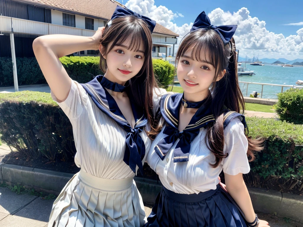 (((very heavy chest))),NSFW, 16k raw photos, highest quality, masterpiece, ultra high resolution, ((She is wearing Beautiful exposed redShe is wearing (a high school sailor uniform).
(navy sailor collar:1.4),(white shirt:1.4),(navy pleats skirt:1.4),(navy bow:1.4))).movie, ((2 girls, , 2 schoolgirls)),((attractive expression)),eyes shine、 looking at the viewer, natural skin texture very heavy chest))),((( metal black ribbon around the neck))).star handle mold、((yellow eyes)),Realistic eye and face details, lip whole, lipstick makeup), fluffy ponytail hair, laughter, Beautiful feet, tall woman, ((glowing skin)),((Beautiful armpit)), slim_feet, huge breasts, cleavage, beautiful natural places, beautiful flower garden、(detailed background,highly exposed, huge breasts, blurred background,, JK ribbon on the neck, jk ribbon, golden hair, bracelet, water, bangs, split your lips、armpit、beautiful hip line、glowing skin、(((eyes shine brightly))),lotion skin、High leg、((black hair)),highly exposed、Skimpy pink luxury fur coat、beautiful sea background、wind effect、