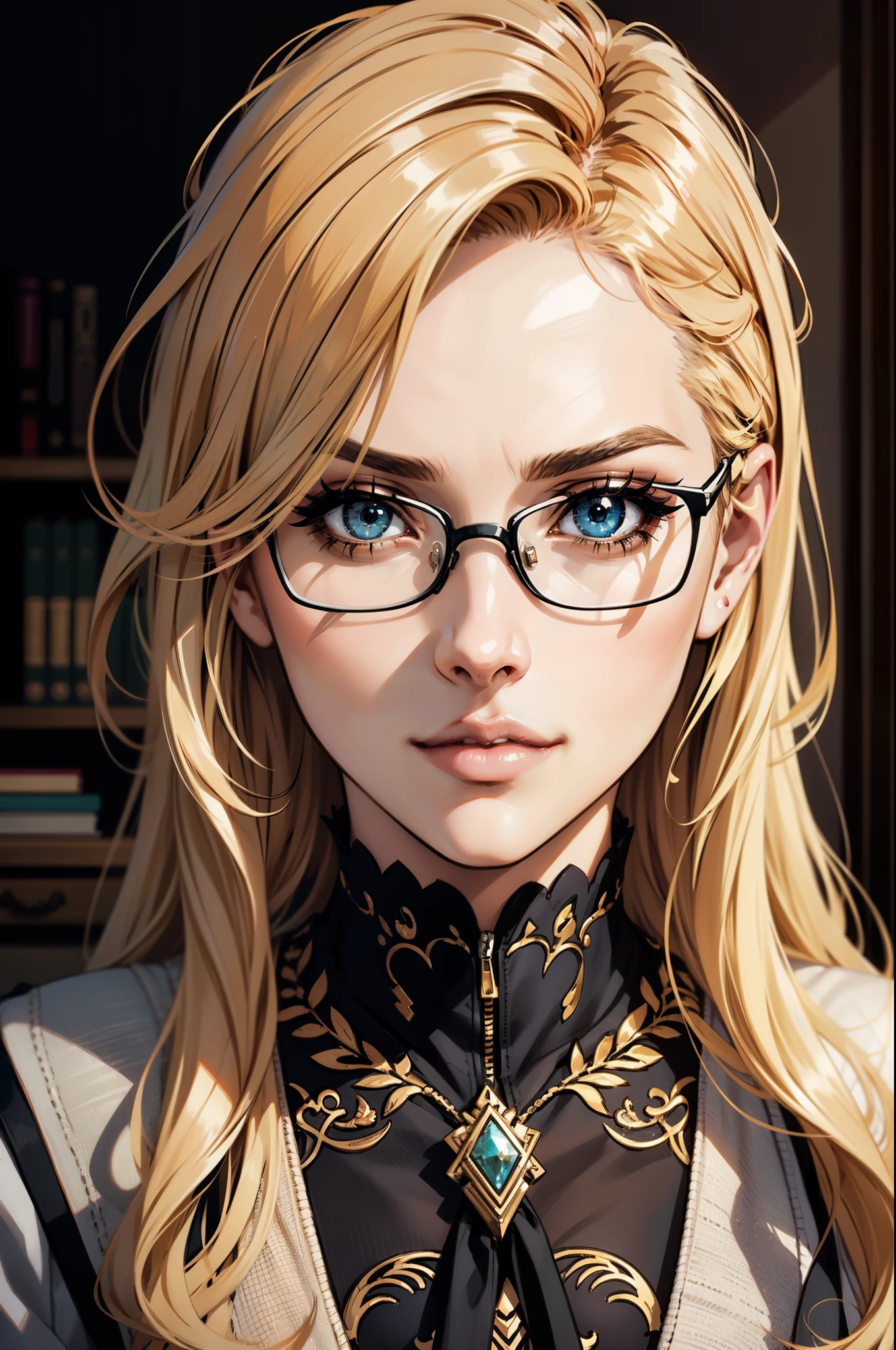 a very attractive blonde anime mature secretary, beautiful detailed eyes, beautiful detailed lips, extremely detailed face, long eyelashes, bangs, glasses, office attire, professional, high quality, intricate detail, photorealistic, 8k, cinematic lighting, dramatic lighting, warm color palette, elegant, beautiful