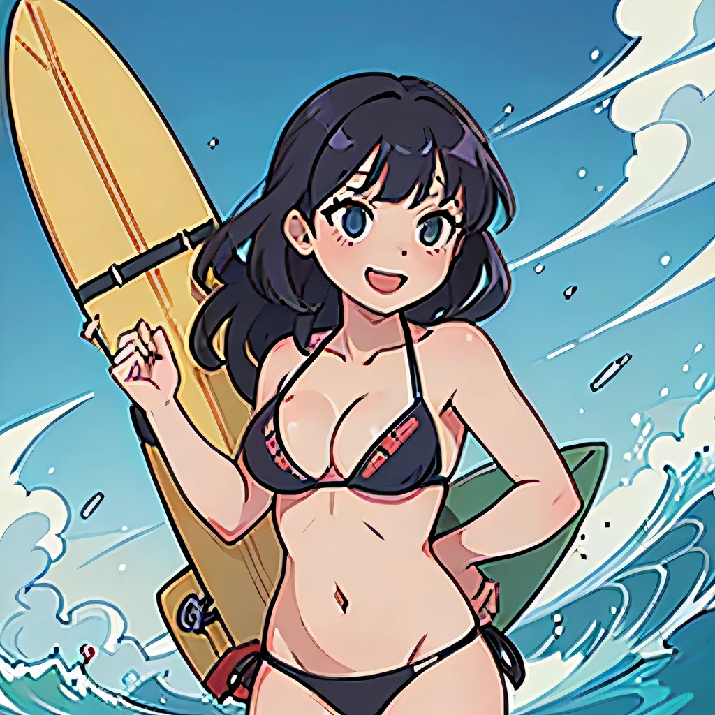 TOP quality,8K, masterpiece, insanely detailed,(illustration, manga, anime:1.2), (1girl:1.2),20yo, (laugh:1.0),(bikini, cleavage:1.3),(sea),(surfing)