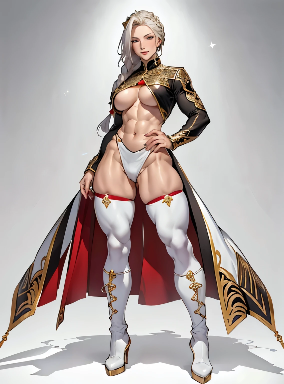 (masterpiece, hiquality: 1.1) 1girl full body standing good face, nice ass, mature girl, hairstyle: braid, Color Hair: White long hair, Skin: White (porcelain skin, sparkly skin), muscular thighs, long legs, white thigh high boots, mature woman, abs, looks at the viewer seductively, smirks, maternal, chest cover with clothes