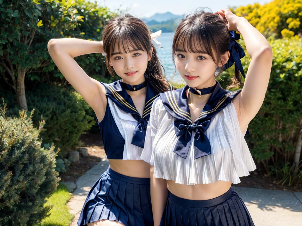 (((very heavy chest))),NSFW, 16k raw photos, highest quality, masterpiece, ultra high resolution, ((She is wearing Beautiful exposed redShe is wearing (a high school sailor uniform).
(navy sailor collar:1.4),(white shirt:1.4),(navy pleats skirt:1.4),(navy bow:1.4))).movie, ((2 girls, , 2 schoolgirls)),((attractive expression)),eyes shine、 looking at the viewer, natural skin texture very heavy chest))),((( metal black ribbon around the neck))).star handle mold、((yellow eyes)),Realistic eye and face details, lip whole, lipstick makeup), fluffy ponytail hair, laughter, Beautiful feet, tall woman, ((glowing skin)),((Beautiful armpit)), slim_feet, huge breasts, cleavage, beautiful natural places, beautiful flower garden、(detailed background,highly exposed, huge breasts, blurred background,, JK ribbon on the neck, jk ribbon, golden hair, bracelet, water, bangs, split your lips、armpit、beautiful hip line、glowing skin、(((eyes shine brightly))),lotion skin、High leg、((black hair)),highly exposed、Skimpy pink luxury fur coat、beautiful sea background、wind effect、