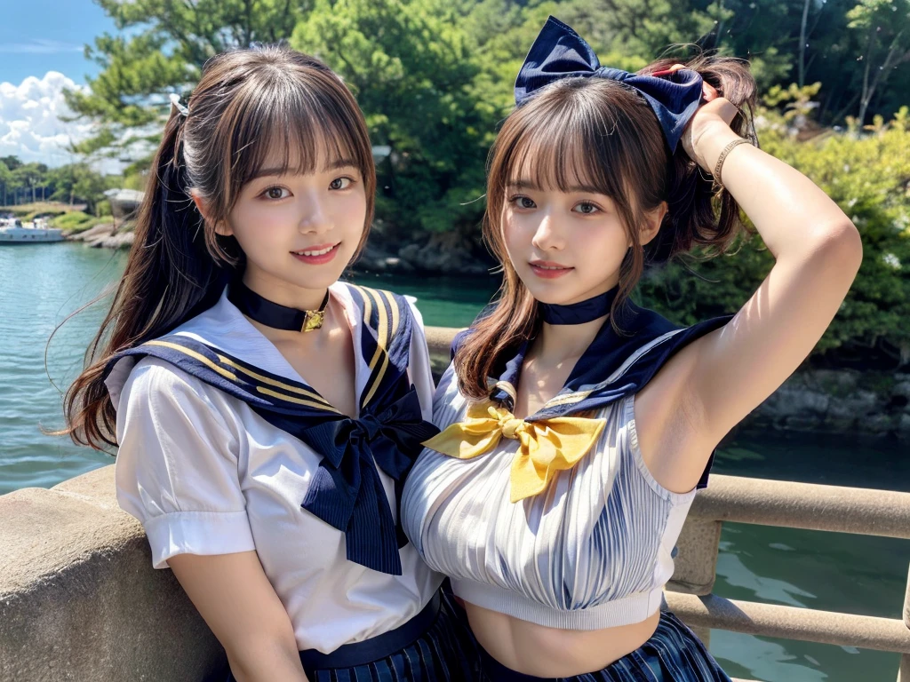 (((very heavy chest))),NSFW, 16k raw photos, highest quality, masterpiece, ultra high resolution, ((She is wearing Beautiful exposed redShe is wearing (a high school sailor uniform).
(navy sailor collar:1.4),(white shirt:1.4),(navy pleats skirt:1.4),(navy bow:1.4))).movie, ((2 girls, , 2 schoolgirls)),((attractive expression)),eyes shine、 looking at the viewer, natural skin texture very heavy chest))),((( metal black ribbon around the neck))).star handle mold、((yellow eyes)),Realistic eye and face details, lip whole, lipstick makeup), fluffy ponytail hair, laughter, Beautiful feet, tall woman, ((glowing skin)),((Beautiful armpit)), slim_feet, huge breasts, cleavage, beautiful natural places, beautiful flower garden、(detailed background,highly exposed, huge breasts, blurred background,, JK ribbon on the neck, jk ribbon, golden hair, bracelet, water, bangs, split your lips、armpit、beautiful hip line、glowing skin、(((eyes shine brightly))),lotion skin、High leg、((black hair)),highly exposed、Skimpy pink luxury fur coat、beautiful sea background、wind effect、
