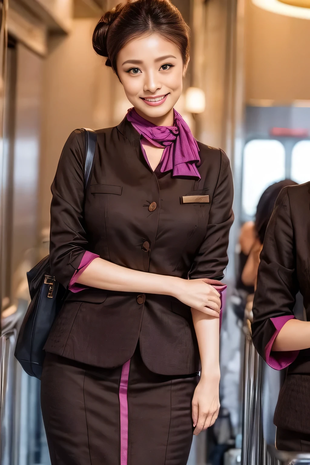 (masterpiece:1.2、highest quality:1.2)、32K HDR、High resolution、(alone、1 girl、Slim figure)、(A realistic reproduction of the ETIHAD Airways Cabincrew Uniform)、 (On board, Professional Lighting)、Background on board、A proper woman, Beautiful Face,、(Long sleeve ETIHAD Airways Cabincrew Uniform)、(ETIHAD Airways Cabincrew Uniform skirt with purple stripe on the front)、(scarf on chest)、Big Breasts、(Long Hair Up、Hair Bun)、Dark brown hair、Long Shot、((Great hands:2.0))、((Harmonious body proportions:1.5))、((Normal limbs:2.0))、((Normal finger:2.0))、((Delicate eyes:2.0))、((Normal eyes:2.0)))、Beautiful standing posture、smile、Place your hands around your stomach