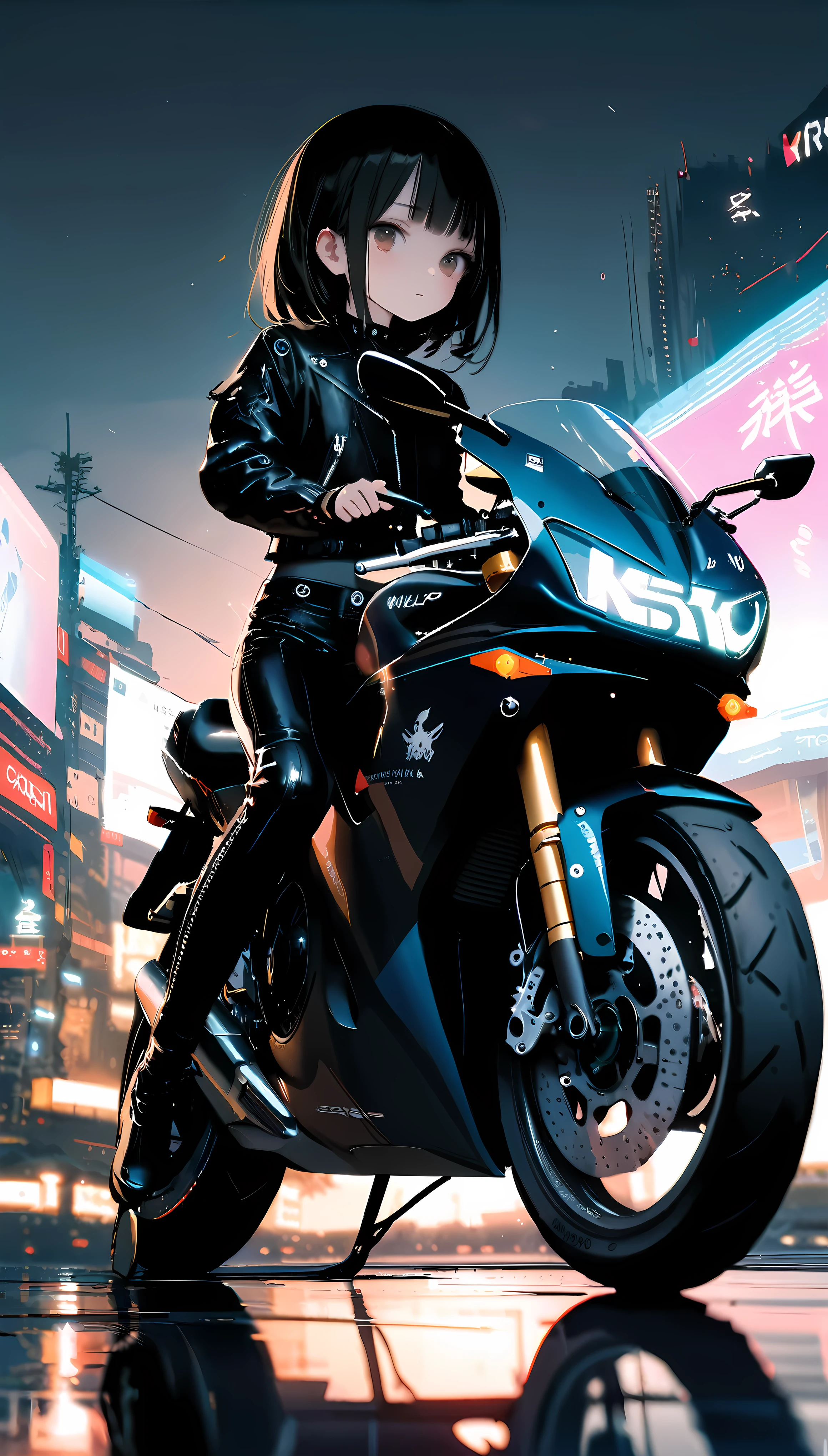 [artist:ningen_mame],[artist:sho_(sho_lwlw)],[artist:mignon],[artist:kedama milk],[artist:ask_(askzy)],artist:wanke,artist:wlop,artist:fujiyama,year 2024,8k,cyberpunk style,1girl,(Miyu Edelfelt),black hair,brown eyes,small chest,Tight leather jacket and leather pants cover the whole body,High-heeled leather boots,(riding Honda NSR500 motorcycle),Beautiful,Glowing special effects,celluloid style,Flat coating,HD,CG art,comics,8K,looking into camera,high quality,illustration,Vaporwave style,rim light,movie lighting,Super detailed,complex,OC renderer,cinematic perspective,high resolution