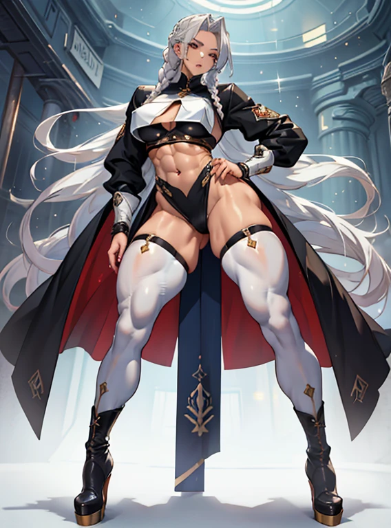 (masterpiece, hiquality: 1.1) 1girl full body standing good face, nice ass, hairstyle: braid, Color Hair: White long hair, Skin: White (porcelain skin, sparkly skin), muscular thighs, long legs, thigh high boots, mature woman, abs, looks at the viewer seductively, maternal, chest cover with clothes