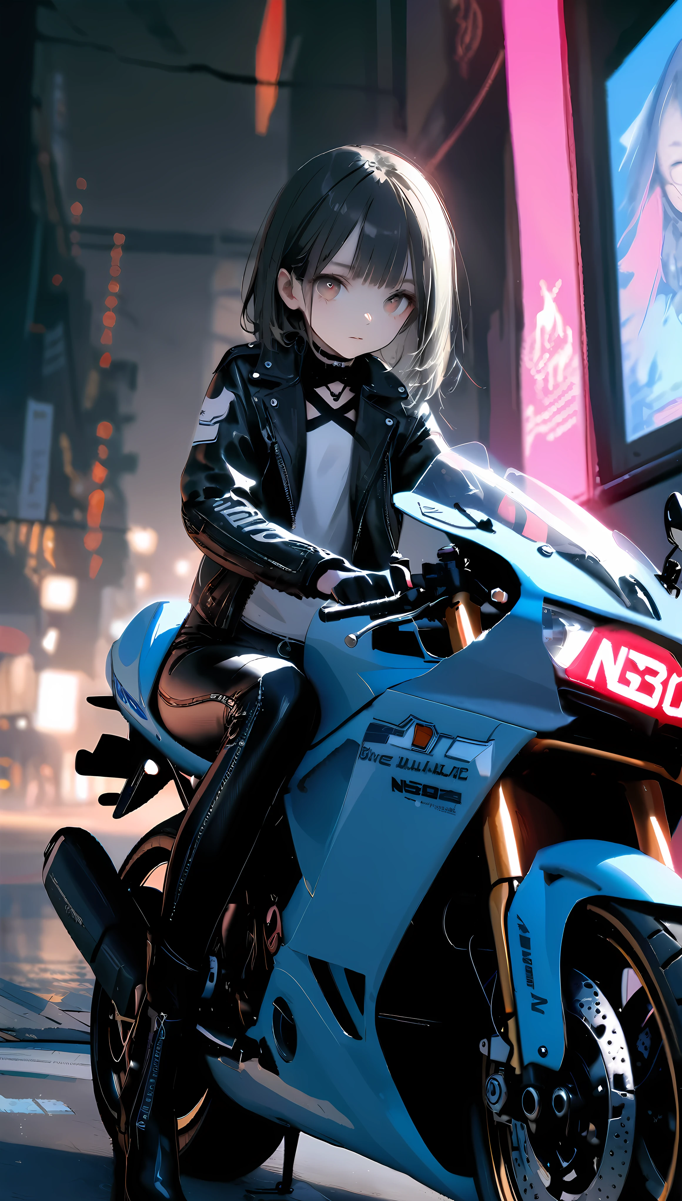 [artist:ningen_mame],[artist:sho_(sho_lwlw)],[artist:mignon],[artist:kedama milk],[artist:ask_(askzy)],artist:wanke,artist:wlop,artist:fujiyama,year 2024,8k,cyberpunk style,1girl,(Miyu Edelfelt),black hair,brown eyes,small chest,Tight leather jacket and leather pants cover the whole body,High-heeled leather boots,(riding blue and white Honda NSR500 motorcycle),Beautiful,Glowing special effects,celluloid style,Flat coating,HD,CG art,comics,8K,looking into camera,high quality,illustration,Vaporwave style,rim light,movie lighting,Super detailed,complex,OC renderer,cinematic perspective,high resolution