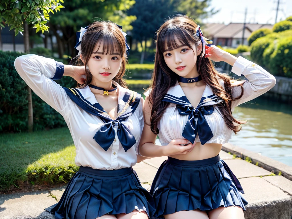 (((very heavy chest))),NSFW, 16k raw photos, highest quality, masterpiece, ultra high resolution, ((She is wearing Beautiful exposed redShe is wearing (a high school sailor uniform).
(navy sailor collar:1.4),(white shirt:1.4),(navy pleats skirt:1.4),(navy bow:1.4))).movie, ((2 girls, , 2 schoolgirls)),((attractive expression)),eyes shine、 looking at the viewer, natural skin texture very heavy chest))),((( metal black ribbon around the neck))).star handle mold、((yellow eyes)),Realistic eye and face details, lip whole, lipstick makeup), fluffy ponytail hair, laughter, Beautiful feet, tall woman, ((glowing skin)),((Beautiful armpit)), slim_feet, huge breasts, cleavage, beautiful natural places, beautiful flower garden、(detailed background,highly exposed, huge breasts, blurred background,, JK ribbon on the neck, jk ribbon, golden hair, bracelet, water, bangs, split your lips、armpit、beautiful hip line、glowing skin、(((eyes shine brightly))),lotion skin、High leg、((black hair)),highly exposed、Skimpy pink luxury fur coat、beautiful sea background、wind effect、