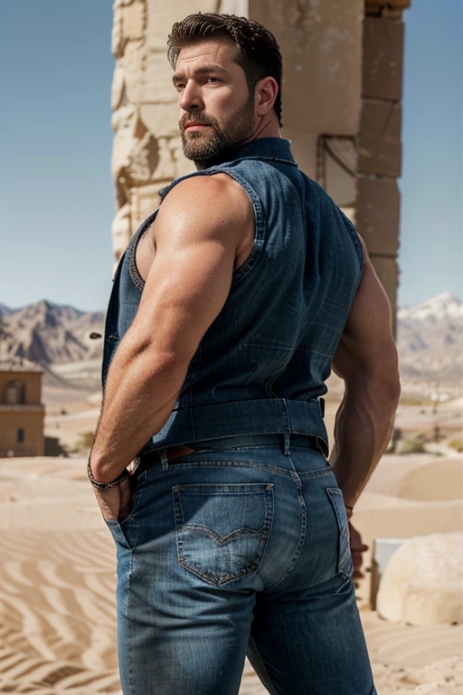 Mature man, big body, very handsome, best quality, adventurer, blue jeans, dark gray vest, , masterpiece, super high resolution, detailed background, reality, , single, 1 boy, muscle man, beard, desert, desert, mountain, muscle, facial hair, volumetric lighting, depth of field, wheezing, raised crotch, handsome action, big dynamics, (((big butt))) ((backside))