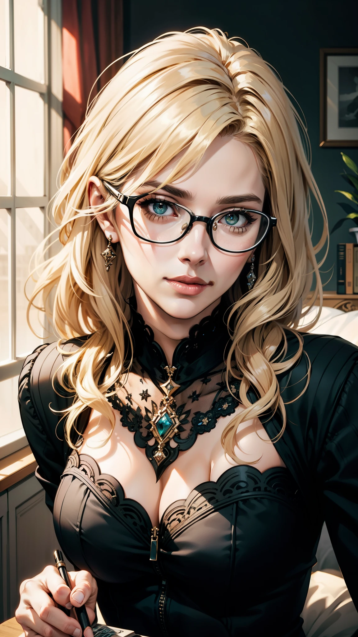 blonde woman, mature woman, secretary, half body portrait, bangs, glasses, intricate details, beautiful face, elegant pose, highly detailed, photorealistic, 8k, masterpiece, digital art, realistic, cinematic lighting, soft color palette, warm tones