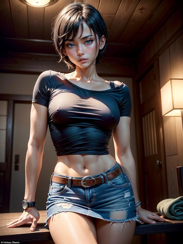 ((One Woman, Age 35)),(( alone:1.5)),Black Short Hair,(((Slim body:1.2))),((Small breasts:1.2)),((Watches on both wrists:1.3)),((A white, tight-fitting short-sleeved shirt with rolled up sleeves:1.2)),(Brand new denim mini skirt:1.3),(Tea belt:1.2),((Alluring face:1.2)),((Big droopy eyes:1.0)), ((Open your mouth:1.0)),(((You have the hiccups:1.2))),Night Light, 8k, masterpiece:1.2, Very detailed, Realistic:1.37, Full HD, Background of Japanese-style room at night,Cowboy photographed from the front,Are standing,((drinking:1.2))