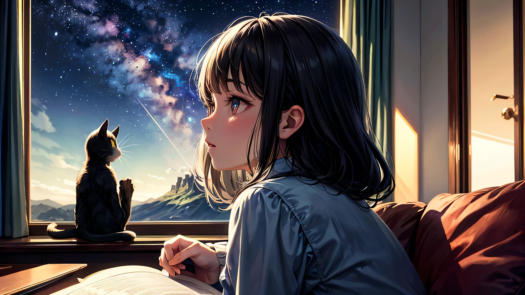 alone, Singular light, woman, midnight, face seen from the side, sideways, cosmic, fantsy, looking away:1.4, adult, busty, Ghibli-like design, living room, sitting, dark hair, studying, Completely, landscape orientation, side view, cat
