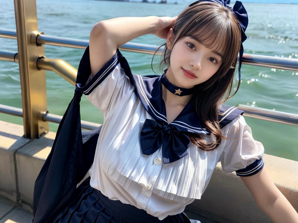 (((very heavy chest))),NSFW, 16k raw photos, highest quality, masterpiece, ultra high resolution, ((She is wearing Beautiful exposed redShe is wearing (a high school sailor uniform).
(navy sailor collar:1.4),(white shirt:1.4),(navy pleats skirt:1.4),(navy bow:1.4))).movie, ((2 girls, , 2 schoolgirls)),((attractive expression)),eyes shine、 looking at the viewer, natural skin texture very heavy chest))),((( metal black ribbon around the neck))).star handle mold、((yellow eyes)),Realistic eye and face details, lip whole, lipstick makeup), fluffy ponytail hair, laughter, Beautiful feet, tall woman, ((glowing skin)),((Beautiful armpit)), slim_feet, huge breasts, cleavage, beautiful natural places, beautiful flower garden、(detailed background,highly exposed, huge breasts, blurred background,, JK ribbon on the neck, jk ribbon, golden hair, bracelet, water, bangs, split your lips、armpit、beautiful hip line、glowing skin、(((eyes shine brightly))),lotion skin、High leg、((black hair)),highly exposed、Skimpy pink luxury fur coat、beautiful sea background、wind effect、