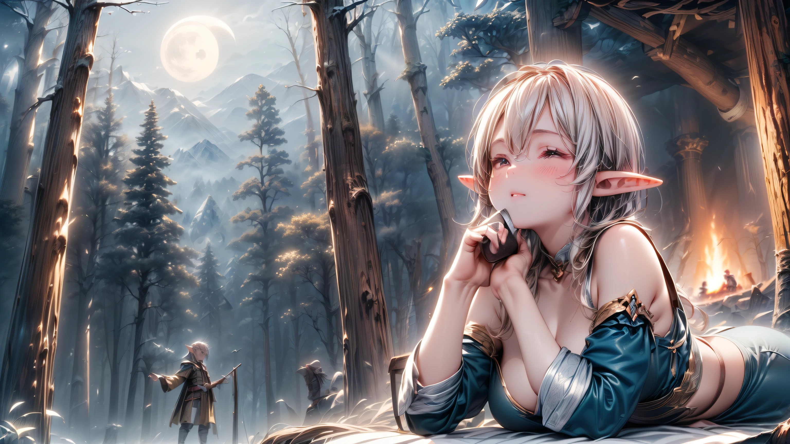 ((Top quality, 4k, 8k, high resolution, masterpiece: 1.2))), (super detailed), (realistic), (photorealistic), (photorealistic: 1.37), (HDR, UHD), (studio (lighting), ultra-fine drawing, sharp focus, physically based rendering, highly detailed, professional, vibrant colors, Long shot, Panorama, Aerial view, (((Distant view))), Anime style, (((night, midnight))), medieval European clothing, adventurer's clothing, (((moonlight))), (((forest, deep forest))), (((bonfire, bonfire in the center) (only one))), multiple people, three people, (((A male adventurer drinking coffee in front of a bonfire, an elf girl lying down and sleeping, a dwarf watching the surroundings))),