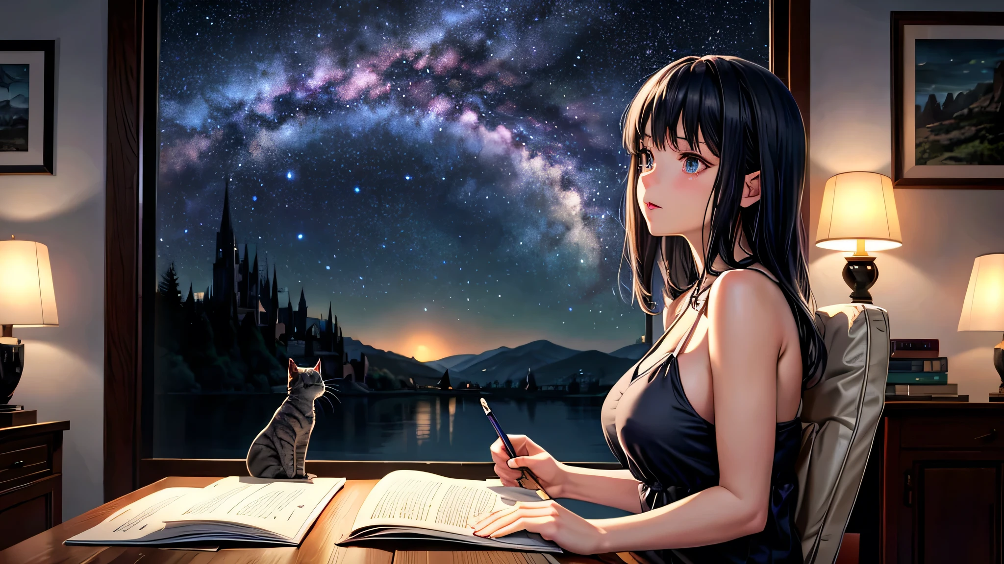 alone, Singular light, woman, midnight, face seen from the side, sideways, cosmic, fantsy, looking away:1.4, adult, busty, Ghibli-like design, living room, sitting, dark hair, studying, Completely, landscape orientation, side view, cat