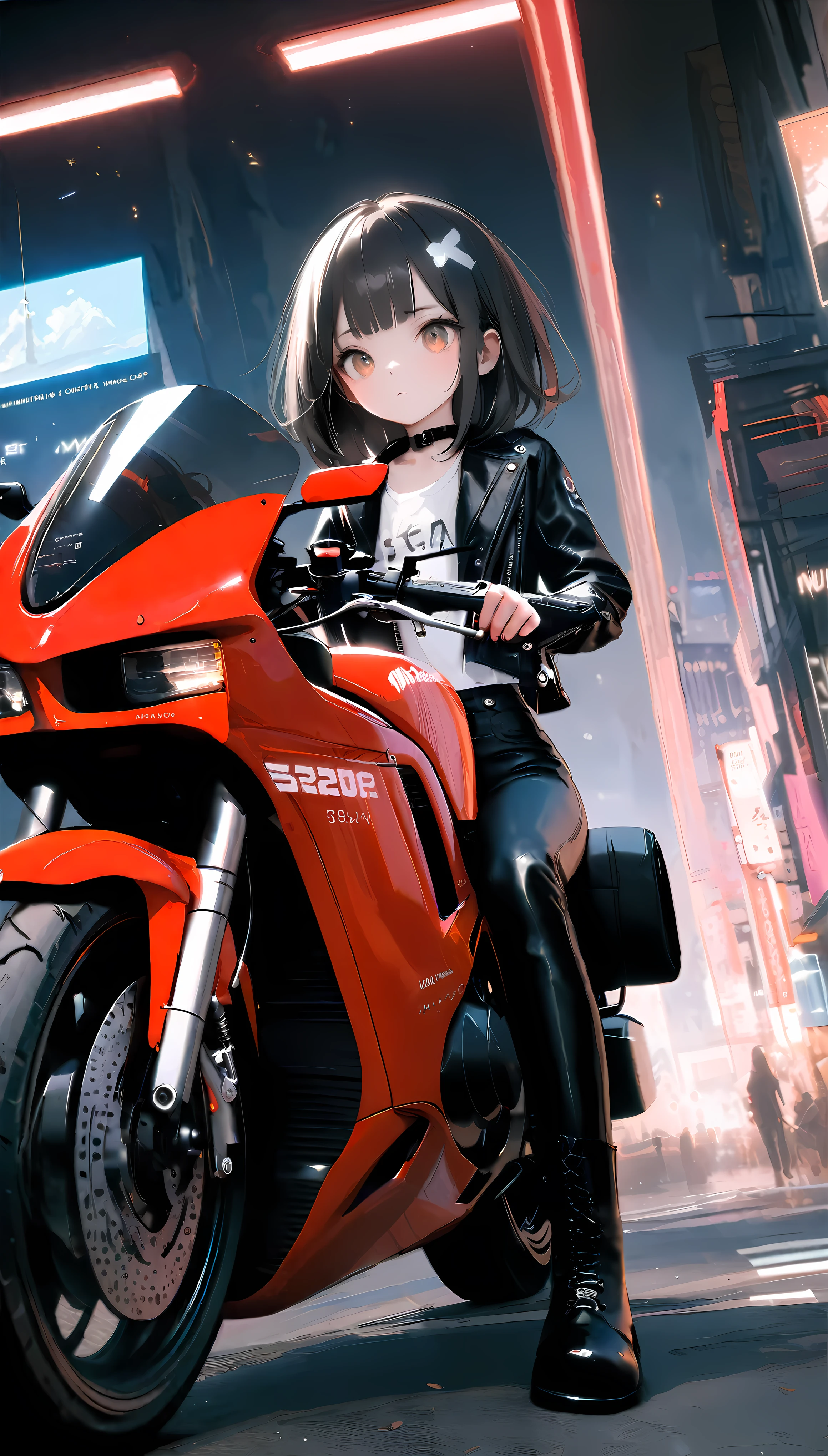 [artist:ningen_mame],[artist:sho_(sho_lwlw)],[artist:mignon],[artist:kedama milk],[artist:ask_(askzy)],artist:wanke,artist:wlop,artist:fujiyama,year 2024,8k,cyberpunk style,1girl,(Miyu Edelfelt),black hair,brown eyes,small chest,Tight leather jacket and leather pants cover the whole body,High-heeled leather boots,(riding red Ducati 900ss motorcycle),Beautiful,Glowing special effects,celluloid style,Flat coating,HD,CG art,comics,8K,looking into camera,high quality,illustration,Vaporwave style,rim light,movie lighting,Super detailed,complex,OC renderer,cinematic perspective,high resolution