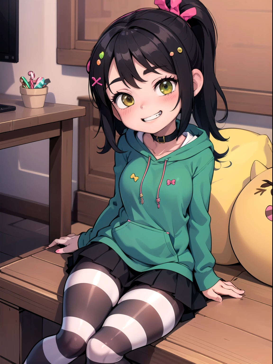 xyzvanellope, 1girl, short, candy,lolipop, hair ornament, bow, striped, (loli:1.6),green hoodie, grin, green, striped pantyhose, breasts, sitting, thick thighs, skirt lift,pussy