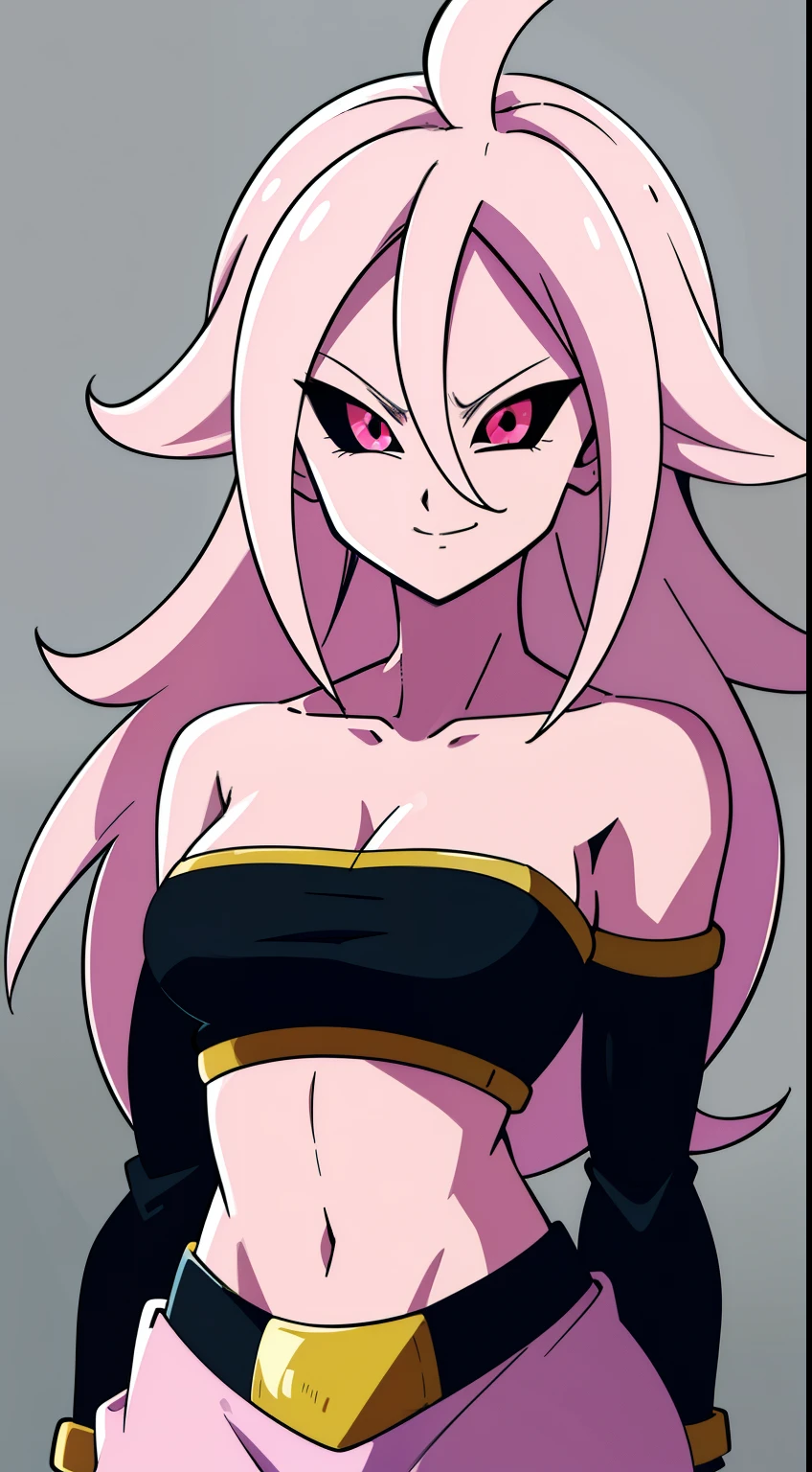 (high-quality, breathtaking),(expressive eyes, perfect face) Symmetrical Eyes, portrait, dragon ball z xenoverse 2, 1girl, female, alien, Majin Race, FMajin, Female Majin Buu, (pink skin:1.1), bubblegum pink skin color, red colored skin, smiling,(black sclera:1.2), red eyes, tentacle hair, baggypants, belt, black tube top, midriff, bare shoulders, alien, M, shoulder holes, standing, no nose, grey background, medium length hair, wavy hair, hair between eyes, Android21, Towa
