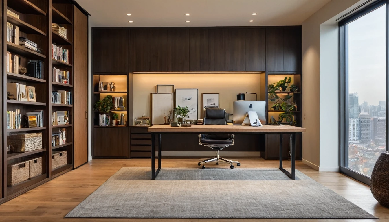 A modern, well-lit home office with a minimalist design. The back wall features a large window with a view of a cityscape, bringing in natural light. To the left, there is a sleek wooden door with a glass panel. The right side of the room has a stylish bookshelf with a few decorative items and books. The floor is wooden, matching the door. In the center of the room, there is a person sitting at a desk, facing the camera, in a comfortable office chair. The person is positioned naturally within the scene, creating a realistic workspace environment. The lighting is warm and evenly distributed, giving a cozy and professional ambiance.
