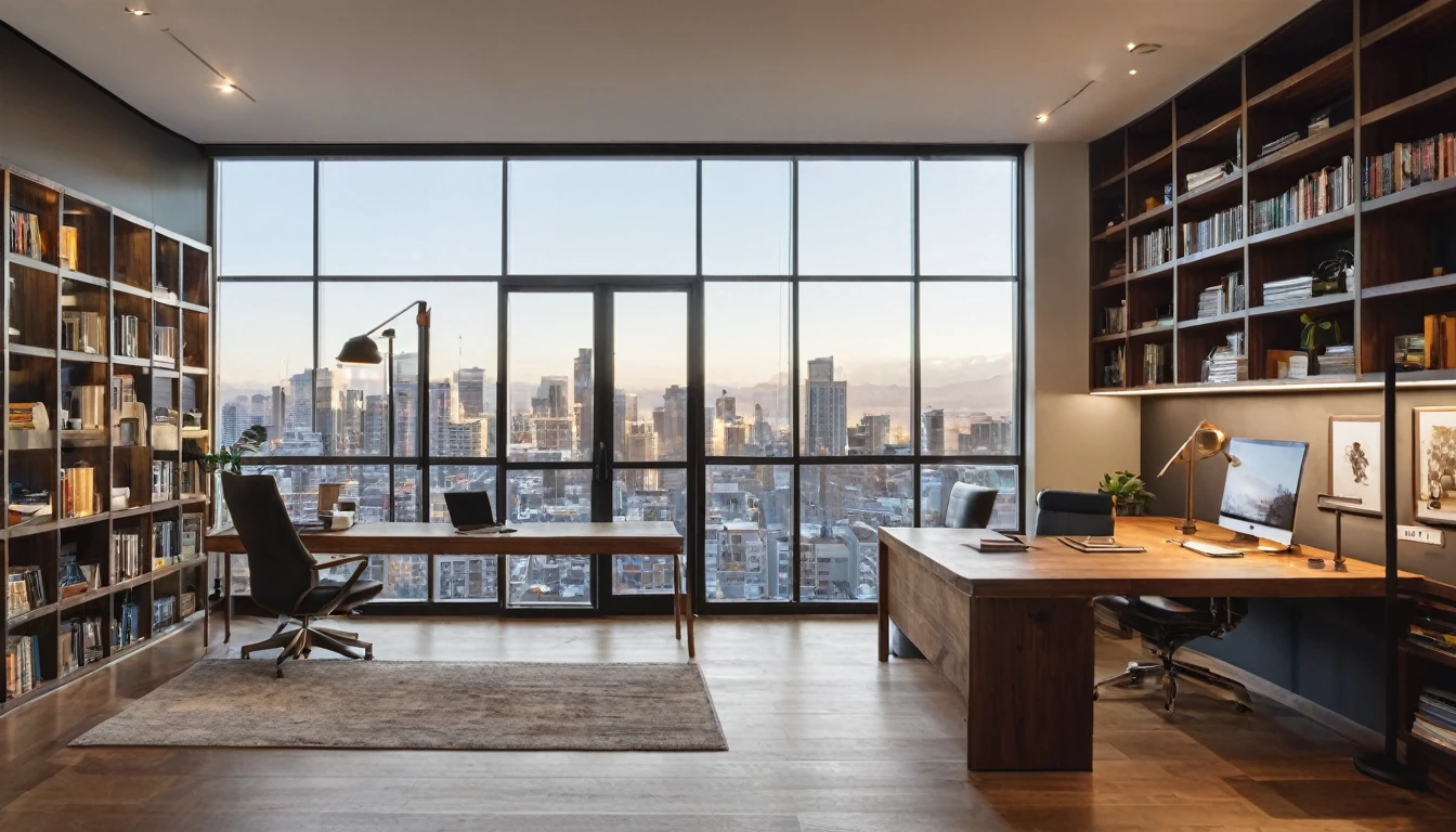 A modern, well-lit home office with a minimalist design. The back wall features a large window with a view of a cityscape, bringing in natural light. To the left, there is a sleek wooden door with a glass panel. The right side of the room has a stylish bookshelf with a few decorative items and books. The floor is wooden, matching the door. In the center of the room, there is a person sitting at a desk, facing the camera, in a comfortable office chair. The person is positioned naturally within the scene, creating a realistic workspace environment. The lighting is warm and evenly distributed, giving a cozy and professional ambiance.