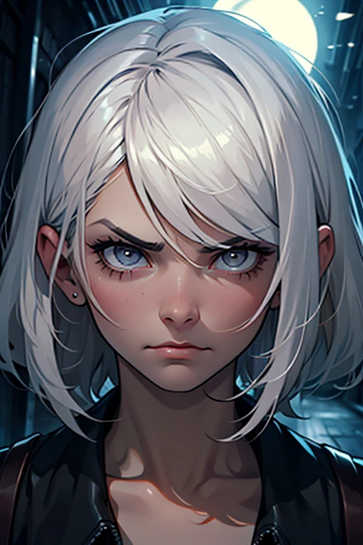 masterpiece, High quality, 1 person, young girl, masterpiece, (little fragile girl), very beautiful, perfect face, thin, black and white hair, expressive, frowning взгляд, close-up, a vampire, sad face, sad look, loneliness, Madness, dark, night, Cinematic, High quality, detailed portrait, dark фон, Dark street, lane, grey eyes, frowning, dreary  