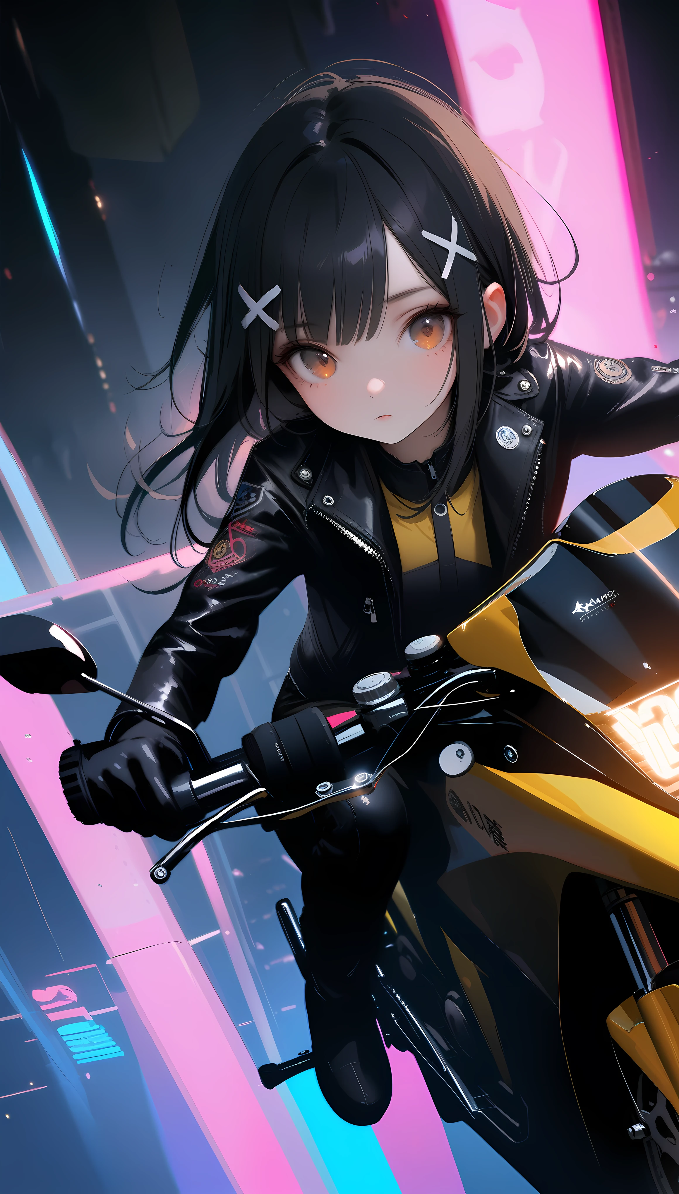[artist:ningen_mame],[artist:sho_(sho_lwlw)],[artist:mignon],[artist:kedama milk],[artist:ask_(askzy)],artist:wanke,artist:wlop,artist:fujiyama,year 2024,8k,cyberpunk style,1girl,(Miyu Edelfelt),black hair,brown eyes,small chest,x hair ornament,Tight leather jacket and leather pants cover the whole body,High-heeled leather boots,(riding yellow SUZUKI GSX1300R motorcycle),Beautiful,Glowing special effects,celluloid style,Flat coating,HD,CG art,comics,8K,looking into camera,high quality,illustration,Vaporwave style,rim light,movie lighting,Super detailed,complex,OC renderer,cinematic perspective,high resolution
