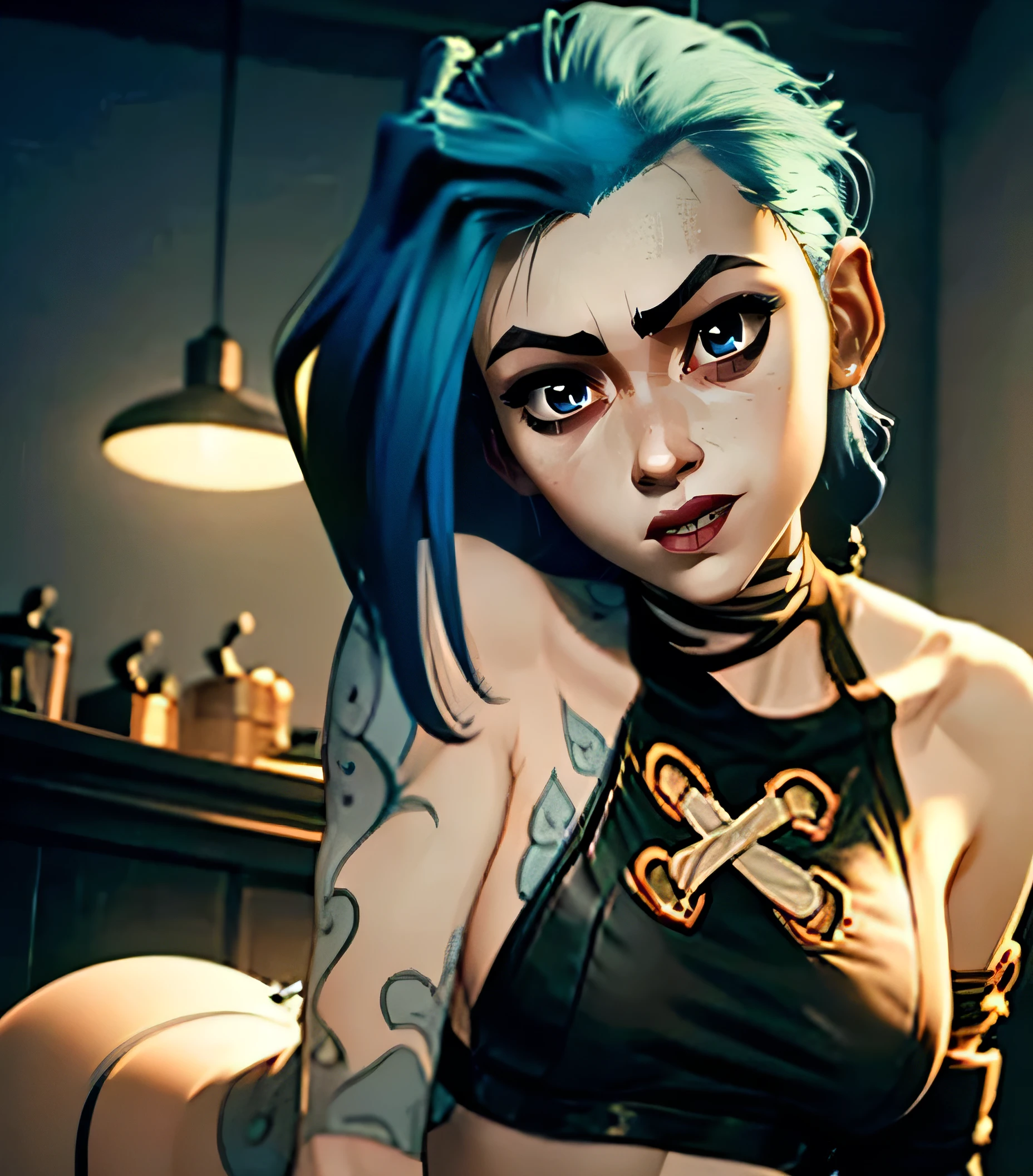 portraite of a, Bar Counter, sits on the edge, full body view, ssmile, Smiling, enthusiasm, adult girl, in full height (Body Full 1.1), glow in the dark paint, Dark tones, Dark blue background, Arcane style, Arcane's Jinx (character design 1.1.), very long blue braids, two very long tails of hair, Very detailed. Anime style, The secret of animation, gloomy composition, The Gloomy Room, luminescent paint on the walls, drawings on the walls, gloomy atmosphere, glowing pink eyes (highly detailed blueeyes, blue pupils 1.1), blue pupils, very detailed eyes, Beautiful figure, a 1girl, Beautiful figure (Proper Anatopy 1.1.), Slender figure, shapely legs, Blue hair, hairlong, Very detailed face, Very beautiful face, Very sexy ass, in full height (Body Full 1.1), small elastic breasts, Little ass, Beautiful slim figure, small buttocks, black high leg leotard, playboy bunny tmasterpiece，beste-Qualit，higly detailed，Visible to the feet， 8K resolution， High