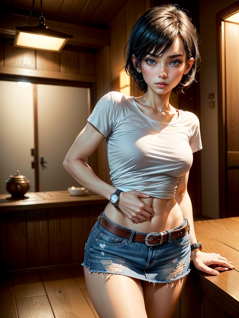 ((One Woman, Age 35)),(( alone:1.5)),Black Short Hair,(((Slim body:1.2))),((Small breasts:1.2)),((Watches on both wrists:1.3)),((A white, tight-fitting short-sleeved shirt with rolled up sleeves:1.2)),(Brand new denim mini skirt:1.3),(Tea belt:1.2),((Alluring face:1.2)),((Big droopy eyes:1.0)), ((Open your mouth:1.0)),(((You have the hiccups:1.2))),Night Light, 8k, masterpiece:1.2, Very detailed, Realistic:1.37, Full HD, Background of Japanese-style room at night,Cowboy photographed from the front,Are standing,((drinking:1.2))