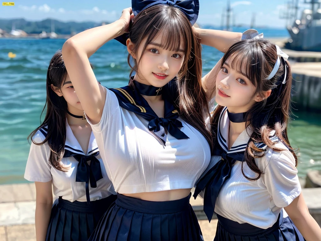 (((very heavy chest))),NSFW, 16k raw photos, highest quality, masterpiece, ultra high resolution, ((She is wearing Beautiful exposed redShe is wearing (a high school sailor uniform).
(navy sailor collar:1.4),(white shirt:1.4),(navy pleats skirt:1.4),(navy bow:1.4))).movie, ((2 girls, , 2 schoolgirls)),((attractive expression)),eyes shine、 looking at the viewer, natural skin texture very heavy chest))),((( metal black ribbon around the neck))).star handle mold、((yellow eyes)),Realistic eye and face details, lip whole, lipstick makeup), fluffy ponytail hair, laughter, Beautiful feet, tall woman, ((glowing skin)),((Beautiful armpit)), slim_feet, huge breasts, cleavage, beautiful natural places, beautiful flower garden、(detailed background,highly exposed, huge breasts, blurred background,, JK ribbon on the neck, jk ribbon, golden hair, bracelet, water, bangs, split your lips、armpit、beautiful hip line、glowing skin、(((eyes shine brightly))),lotion skin、High leg、((black hair)),highly exposed、Skimpy pink luxury fur coat、beautiful sea background、wind effect、