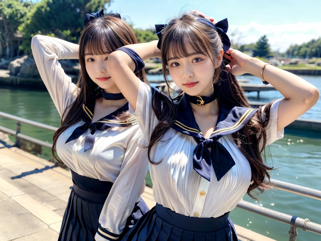 (((very heavy chest))),NSFW, 16k raw photos, highest quality, masterpiece, ultra high resolution, ((She is wearing Beautiful exposed redShe is wearing (a high school sailor uniform).
(navy sailor collar:1.4),(white shirt:1.4),(navy pleats skirt:1.4),(navy bow:1.4))).movie, ((2 girls, , 2 schoolgirls)),((attractive expression)),eyes shine、 looking at the viewer, natural skin texture very heavy chest))),((( metal black ribbon around the neck))).star handle mold、((yellow eyes)),Realistic eye and face details, lip whole, lipstick makeup), fluffy ponytail hair, laughter, Beautiful feet, tall woman, ((glowing skin)),((Beautiful armpit)), slim_feet, huge breasts, cleavage, beautiful natural places, beautiful flower garden、(detailed background,highly exposed, huge breasts, blurred background,, JK ribbon on the neck, jk ribbon, golden hair, bracelet, water, bangs, split your lips、armpit、beautiful hip line、glowing skin、(((eyes shine brightly))),lotion skin、High leg、((black hair)),highly exposed、Skimpy pink luxury fur coat、beautiful sea background、wind effect、