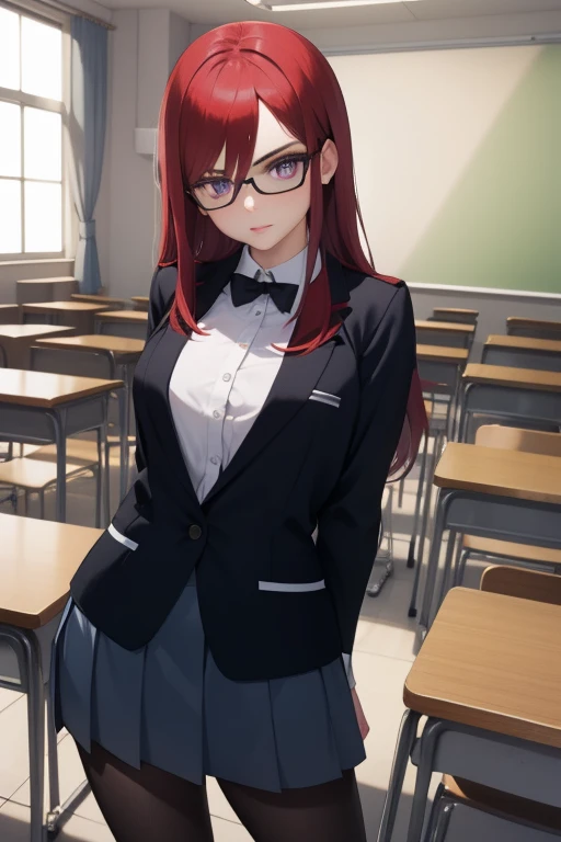 Erzascarelt,erza scarlet, orange hair, glasses, long hair, (purple eyes:1.1), ahoge,
BREAK military uniform, military,jacket,blue and white uniform,Skirt, (black_pantyhose:1.3),
BREAK looking at viewer,standing, leaning forward, arms behind back,
BREAK indoors, classroom,
BREAK (masterpiece:1.2), best quality, high resolution, unity 8k wallpaper, (illustration:0.8), (beautiful detailed eyes:1.6), extremely detailed face, perfect lighting, extremely detailed CG, (perfect hands, perfect anatomy),