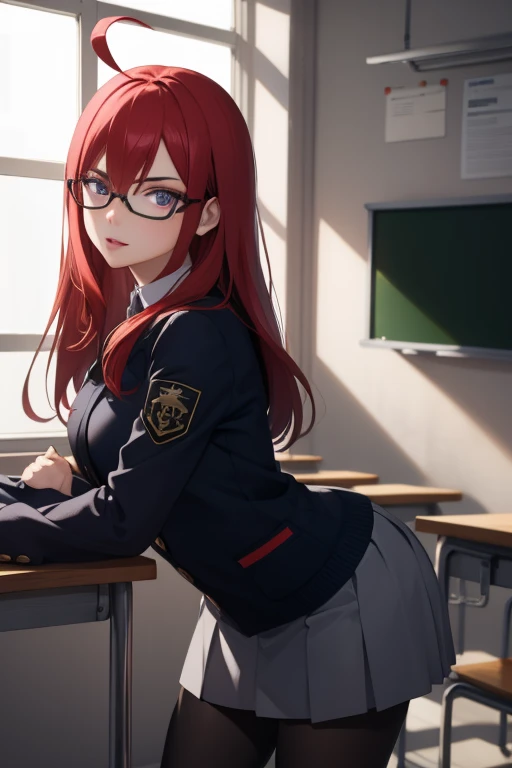 Erzascarelt,erza scarlet, orange hair, glasses, long hair, (purple eyes:1.1), ahoge,
BREAK military uniform, military,jacket,blue and white uniform,Skirt, (black_pantyhose:1.3),
BREAK looking at viewer,standing, leaning forward, arms behind back,
BREAK indoors, classroom,
BREAK (masterpiece:1.2), best quality, high resolution, unity 8k wallpaper, (illustration:0.8), (beautiful detailed eyes:1.6), extremely detailed face, perfect lighting, extremely detailed CG, (perfect hands, perfect anatomy),