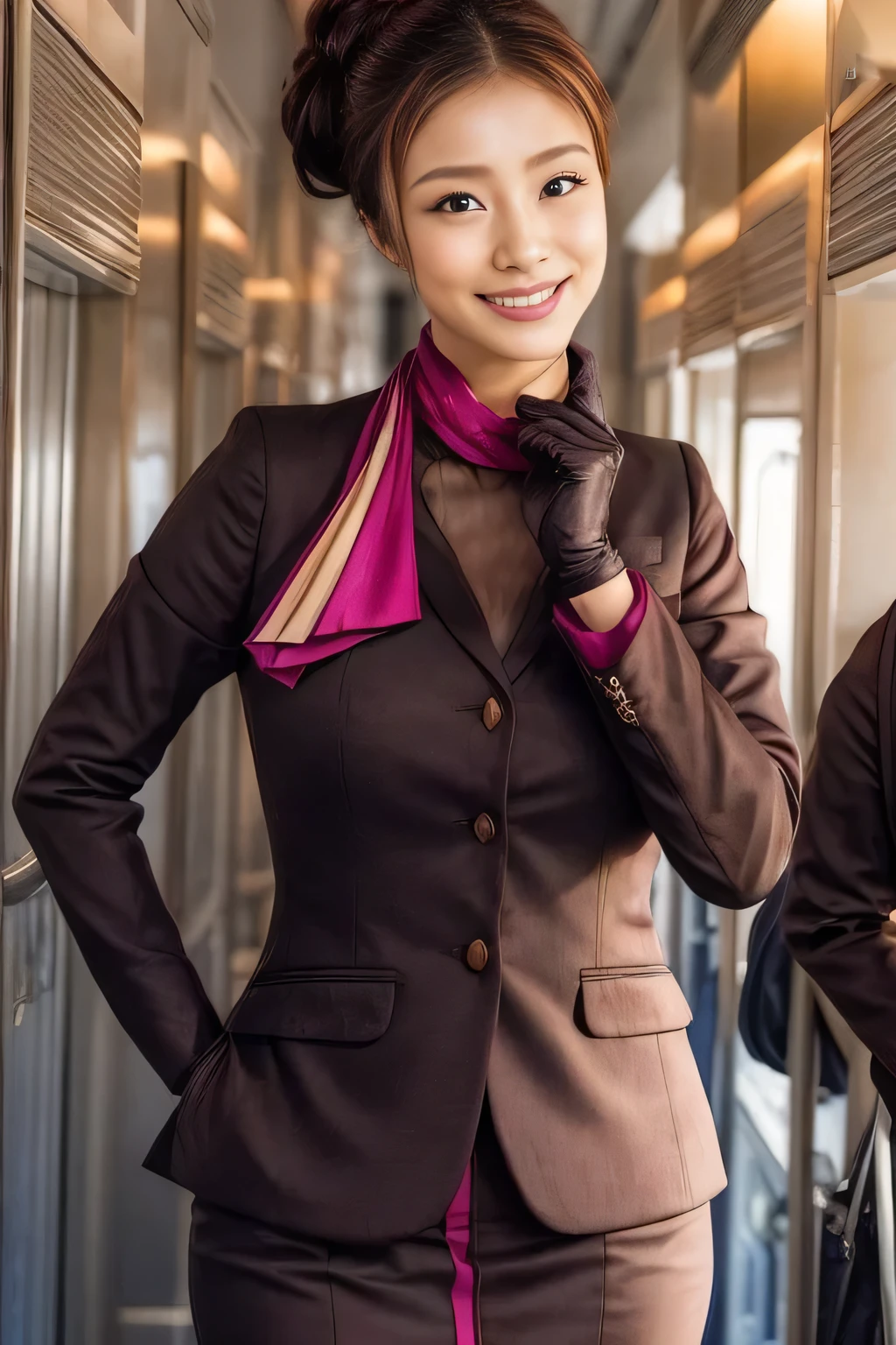 (masterpiece:1.2、highest quality:1.2)、32K HDR、High resolution、(alone、1 girl、Slim figure)、（A realistic reproduction of the ETIHAD Airways Cabincrew Uniform）、 (On board, Professional Lighting)、Background on board、A proper woman, Beautiful Face,、（Long sleeve ETIHAD Airways Cabincrew Uniform）、（ETIHAD Airways Cabincrew Uniform skirt with purple stripe on the front）、（scarf on chest）、Big Breasts、（Long Hair Up、Hair Bun）、Dark brown hair、Long Shot、（（Great hands：2.0））、（（Harmonious body proportions：1.5））、（（Normal limbs：2.0））、（（Normal finger：2.0））、（（Delicate eyes：2.0））、（（Normal eyes：2.0））)、Beautiful standing posture、smile、Place your hands around your stomach