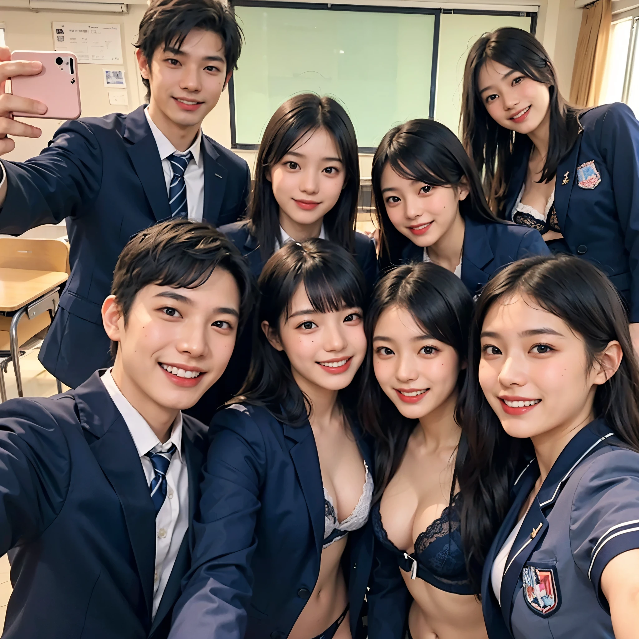 A group of three or more Japanese high school boys and girls, (A selfie photo), In the classroom, (All smiles), ((All the girls wear navy-blue blazer and lingerie))