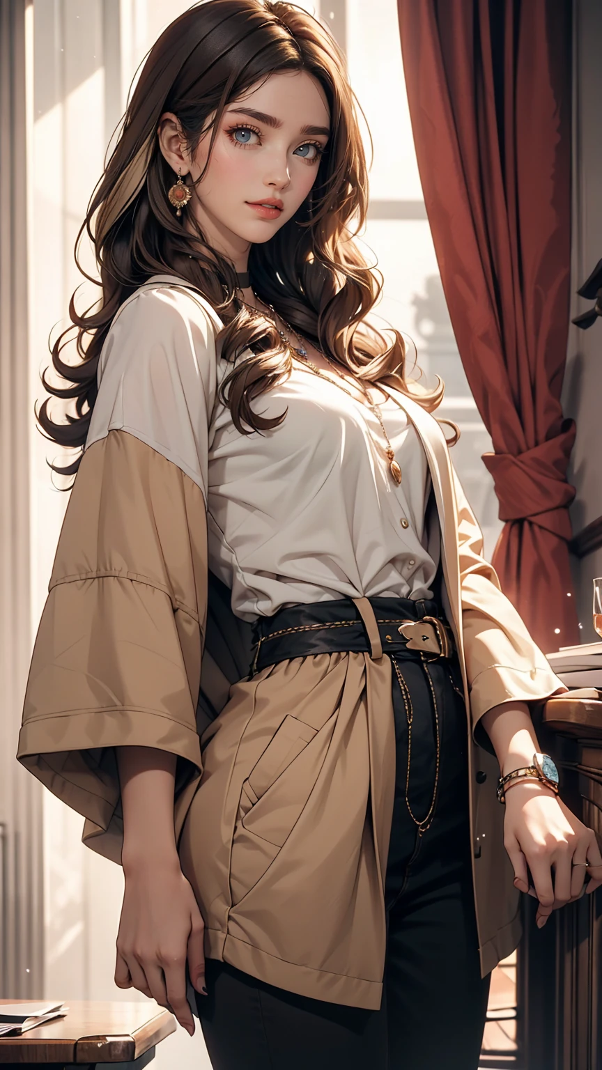 24-year-old woman、Hair color is brown、Eye color is hawk brown、long hair、The ends of my hair are curled outwards、Slender but well-proportioned、smile、I'm wearing a necklace、Accessories on the wrist、wearing an off-the-shoulder knit dress、I'm wearing sandals、I'm in the photo studio、There is a small Victorian round table.、smile、She is wearing a lace choker.