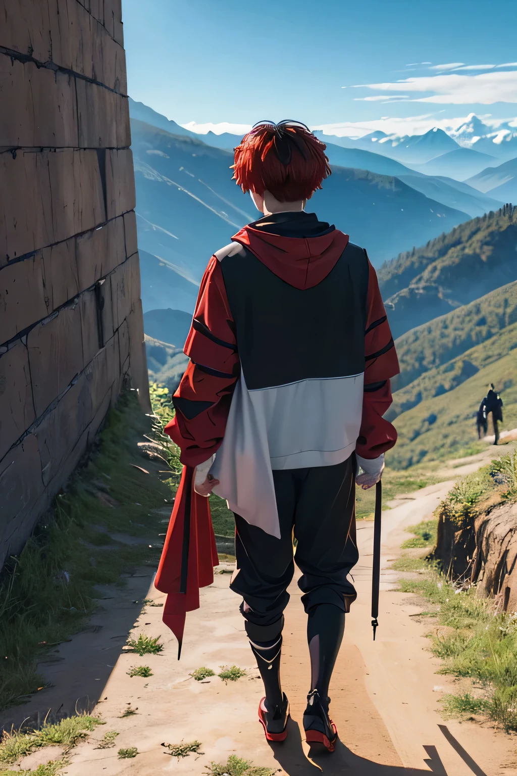 1man, Stark from Frieren: Beyond Journey's End ,redblack short hair, wearing blue hoodie, Stark from Frieren: Beyond Journey's End hairstyle, clothes detailed, ultra detailed, standup on street, back view,overlooking mountain, from back, 8k, ultra hd, ultra detailed, masterpiece.