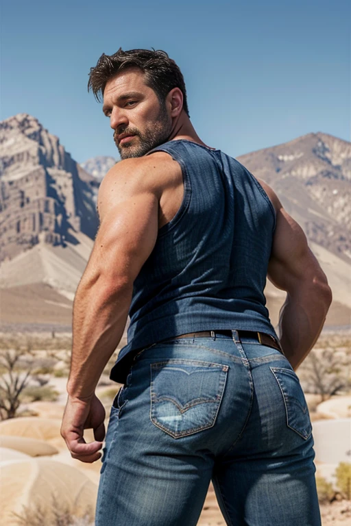 Mature man, very handsome, best quality, adventurer, blue jeans, dark gray vest, , masterpiece, super high resolution, detailed background, reality, , single, 1 boy, muscle man, beard, desert, desert, mountain, muscle, facial hair, volumetric lighting, depth of field, wheezing, raised crotch, handsome action, big dynamics, (((very big butt))) ((backside)) bent over