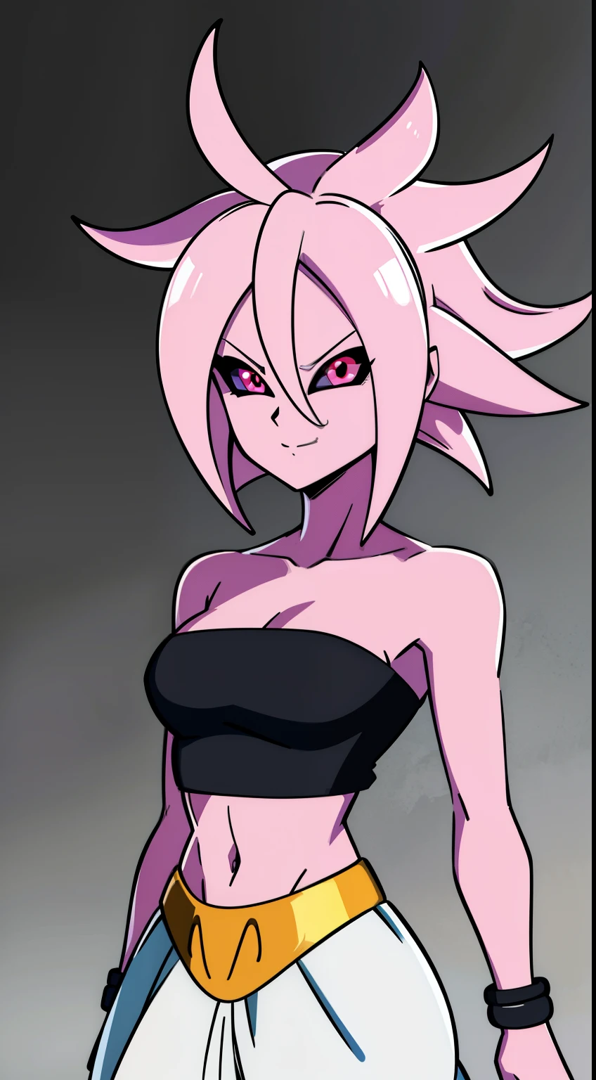 (high-quality, breathtaking),(expressive eyes, perfect face) Symmetrical Eyes, portrait, dragon ball z xenoverse 2, 1girl, female, alien, Majin Race, FMajin, Female Majin Buu, (pink skin:1.1), bubblegum pink skin color, red colored skin, smiling,(black sclera:1.2), red eyes, tentacle hair, baggypants, belt, black tube top, midriff, bare shoulders, alien, M, shoulder holes, standing, no nose, grey background, medium length hair, wavy hair, hair between eyes, Android21, Towa
