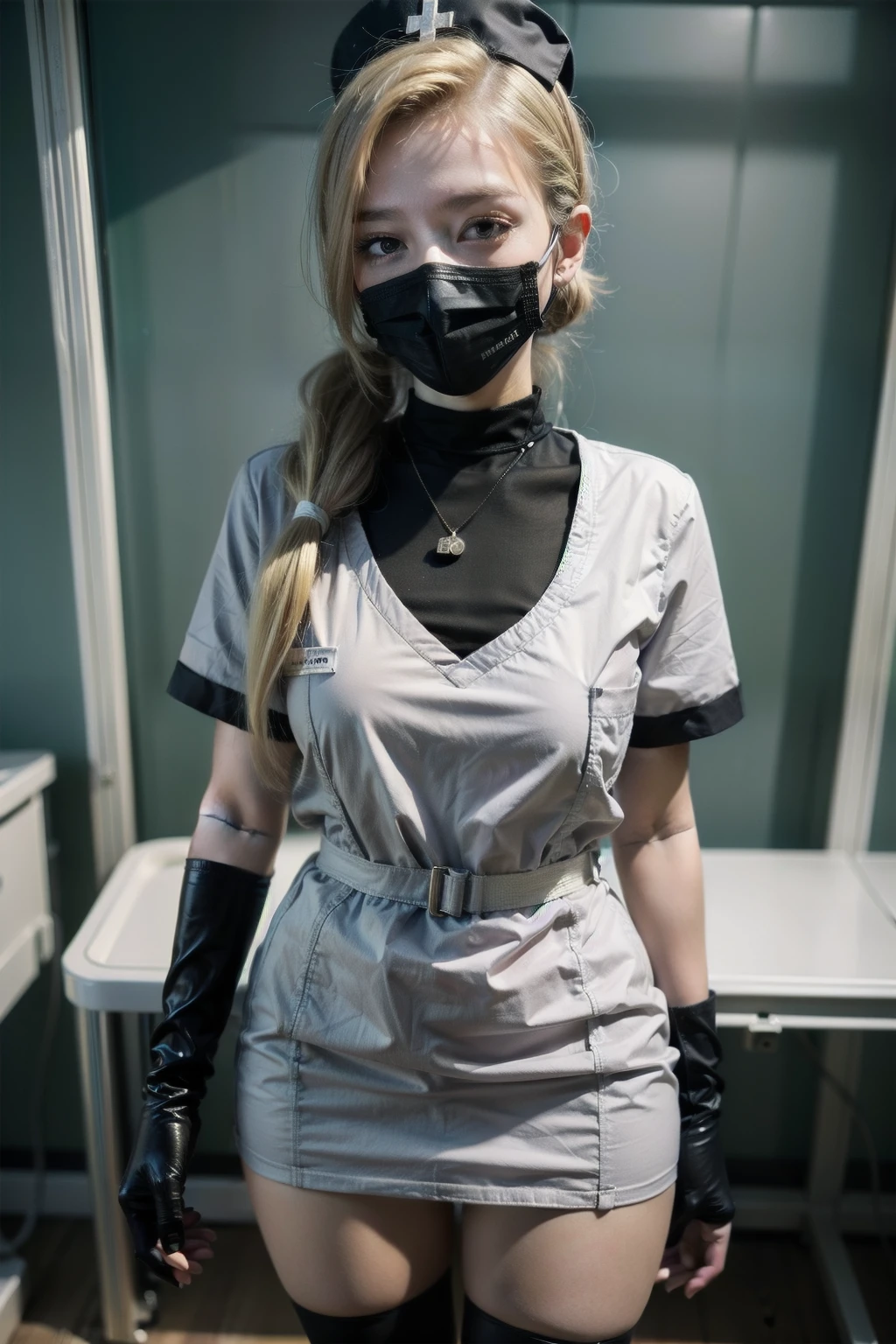 black nurse, 1girl, solo, black nurse cap, black wear, ((black legwear, zettai ryouiki)), black elbow gloves, twintails, yellow hair, purple eyes, ((black surgical mask, covered nose)), standing, ((surgery room)), sharp outline, short sleeves, best quality, masterpiece