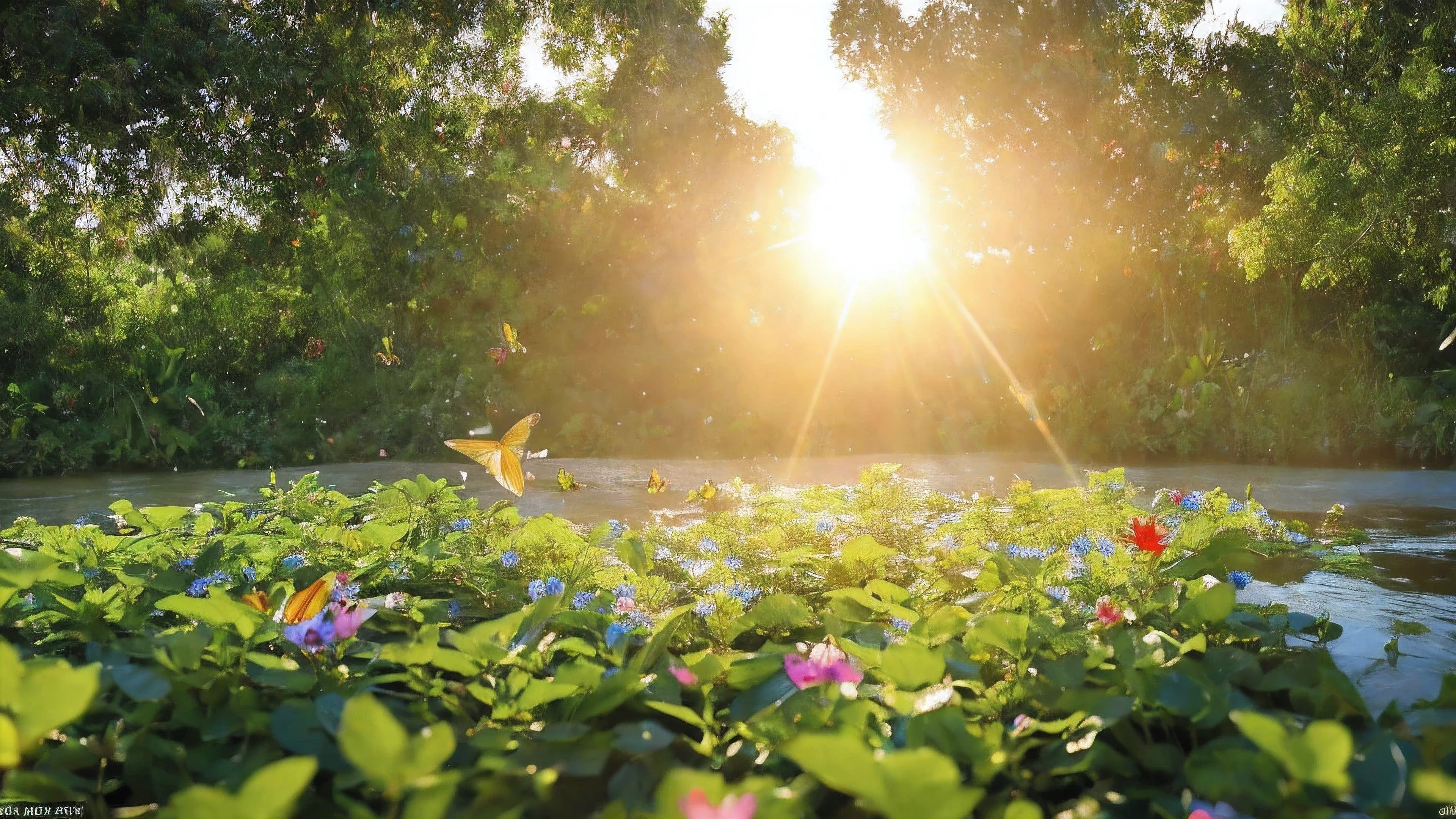 Depicting a mysterious river in the Amazon forest、Ultra-realistic and highly detailed beautiful masterpiece, With the morning sun, Butterfly flying over flowers, Hummingbird among exotic flowers