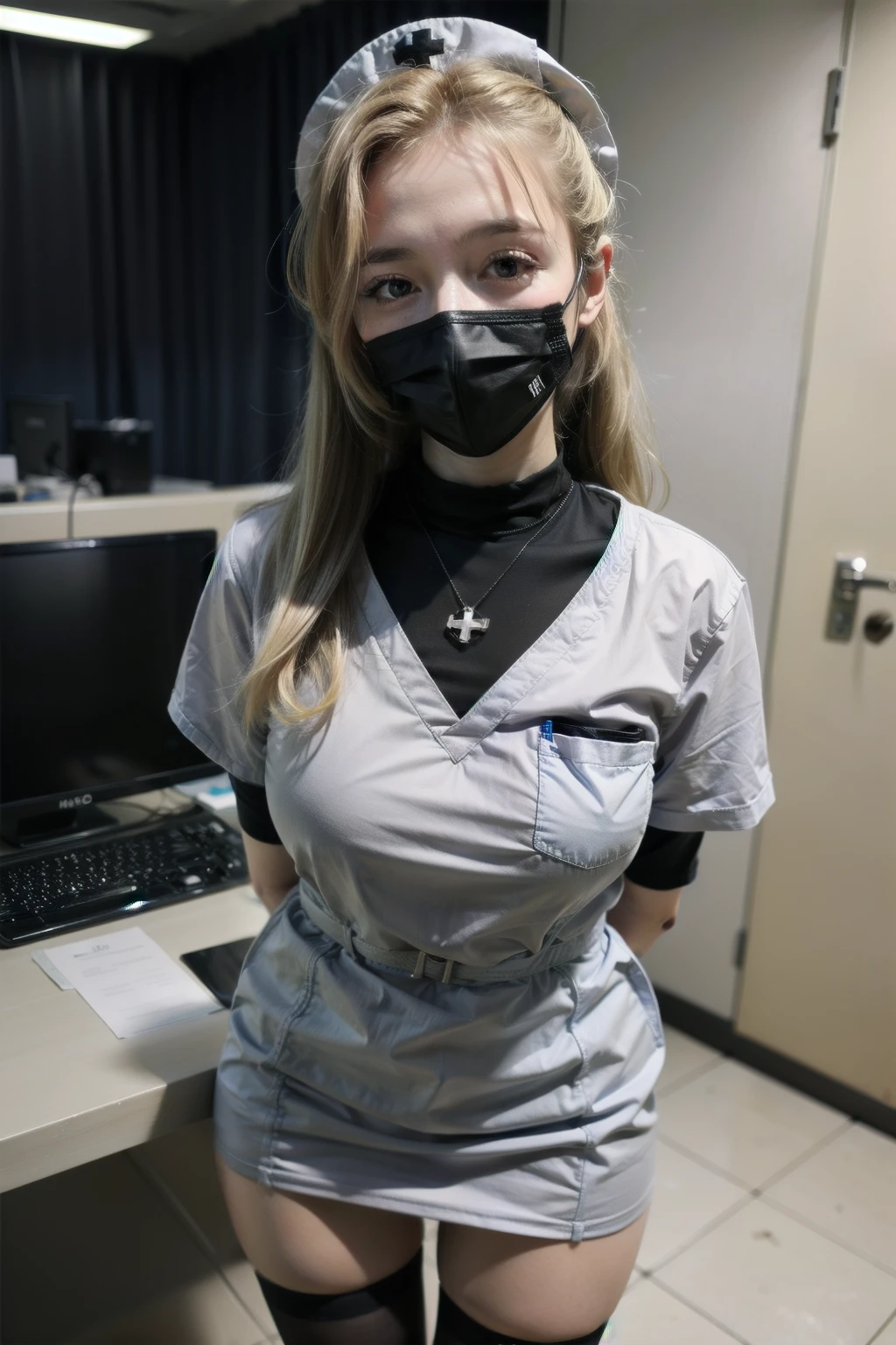 black nurse, 1girl, solo, black nurse cap, black wear, ((black legwear, zettai ryouiki)), black elbow gloves, twintails, yellow hair, purple eyes, ((black surgical mask, covered nose)), standing, ((surgery room)), sharp outline, short sleeves, best quality, masterpiece